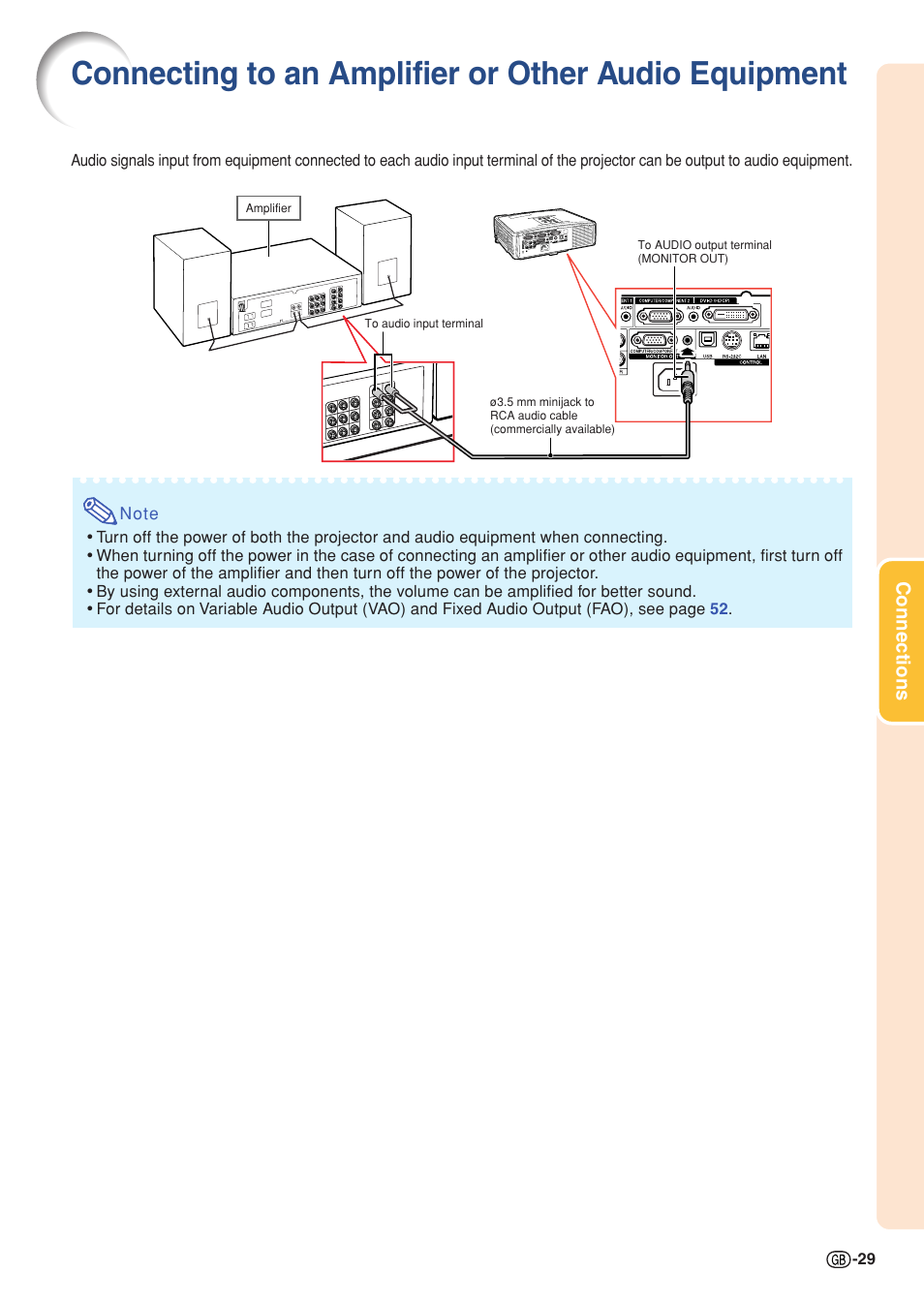 Connecting to an amplifier or other, Audio equipment, Connections | Sharp XG-C330X User Manual | Page 31 / 71
