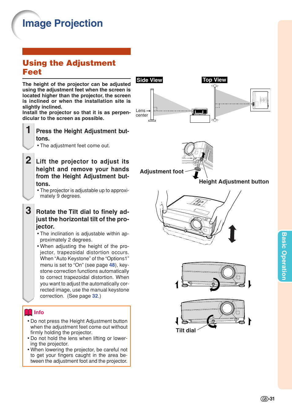 Image projection, Using the adjustment feet, Es 31 | Sharp XG-C330X User Manual | Page 33 / 71
