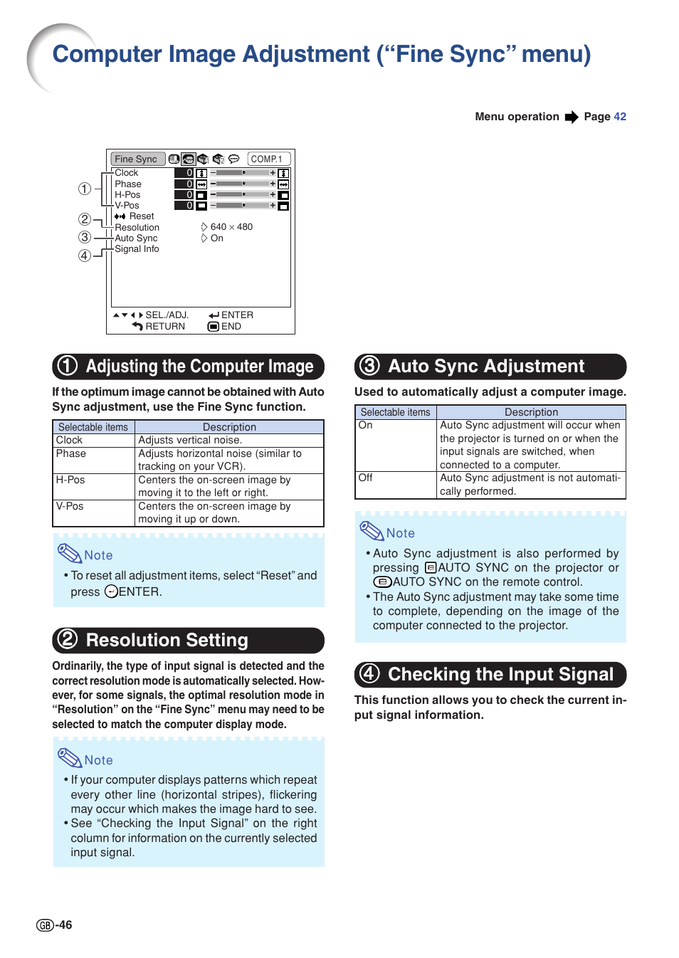 Computer image adjustment, Fine sync” menu), Computer image adjustment (“fine sync” menu) | 11 adjusting the computer image, 22 resolution setting, 33 auto sync adjustment, 44 checking the input signal | Sharp XG-C330X User Manual | Page 48 / 71