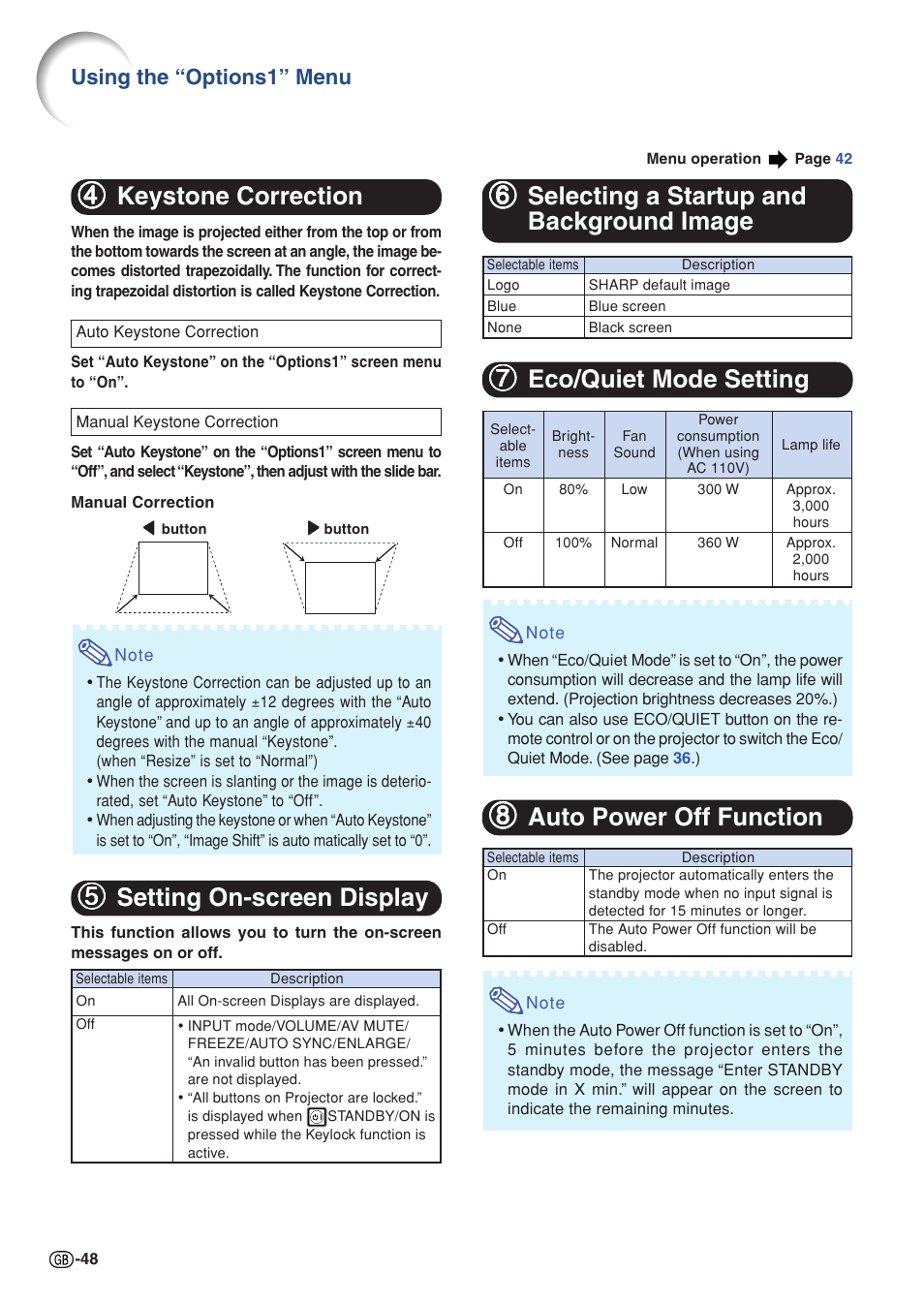 Is called, Keystone correction, 44 keystone correction | 55 setting on-screen display, 88 auto power off function, Using the “options1” menu | Sharp XG-C330X User Manual | Page 50 / 71