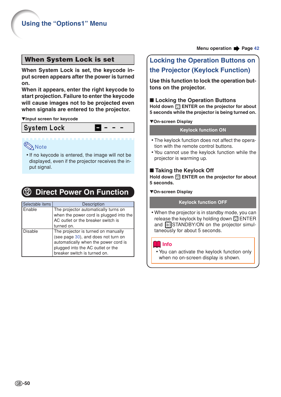 Keylock function direct power on function, Direct power on function, When system lock is set | Using the “options1” menu | Sharp XG-C330X User Manual | Page 52 / 71