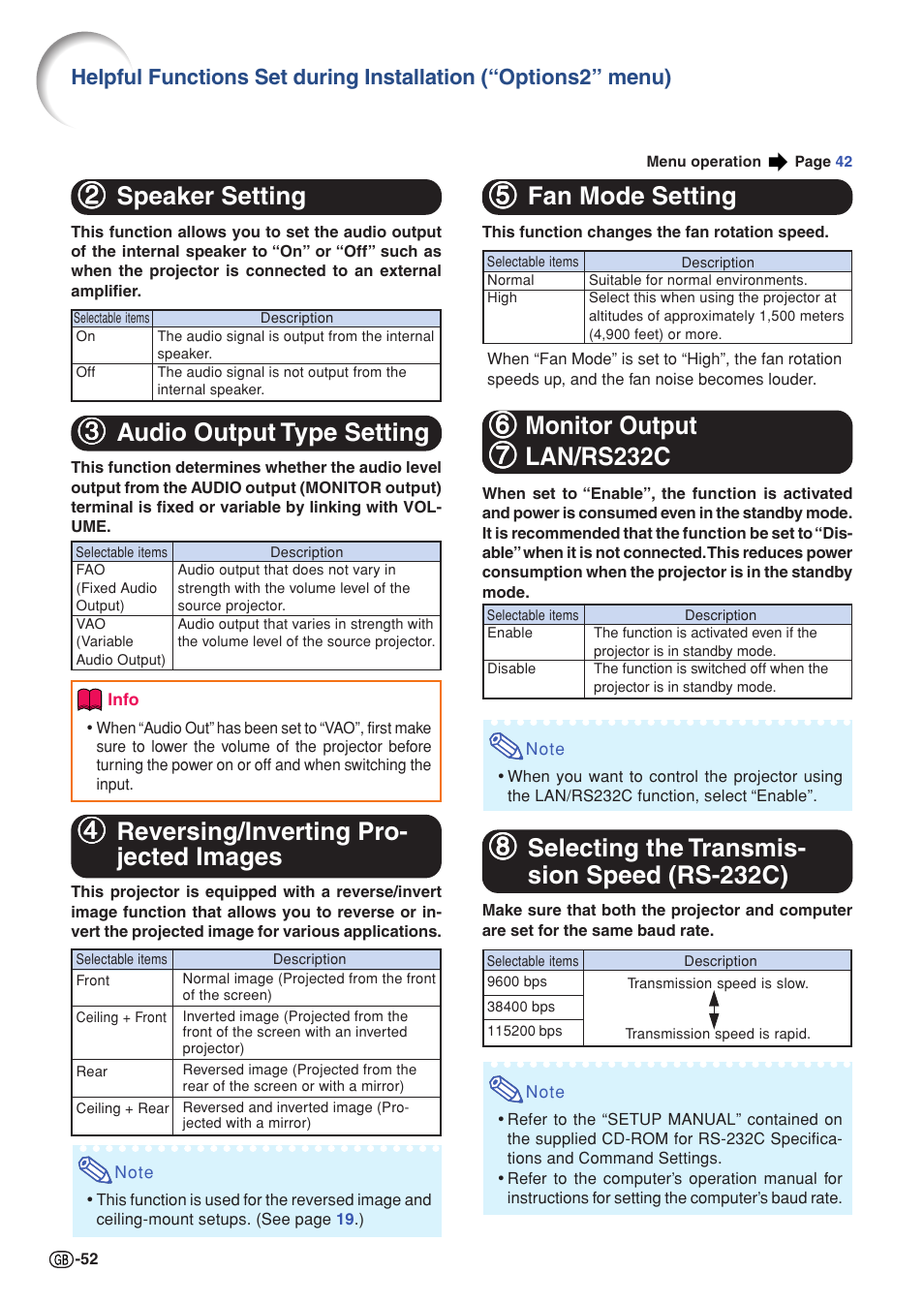 22 speaker setting, 33 audio output type setting, 44 reversing/inverting pro- jected images | 55 fan mode setting | Sharp XG-C330X User Manual | Page 54 / 71