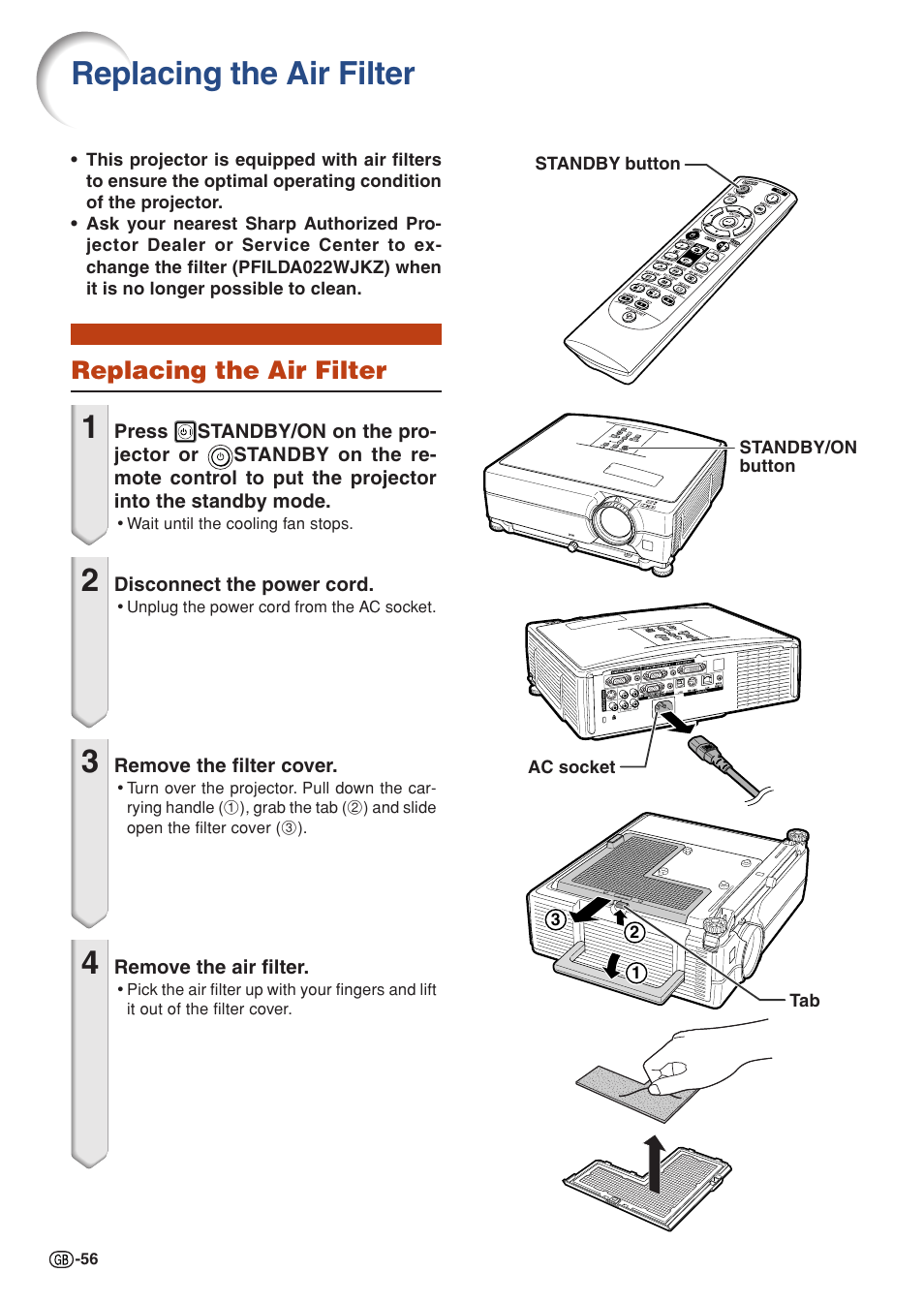 Replacing the air filter | Sharp XG-C330X User Manual | Page 58 / 71