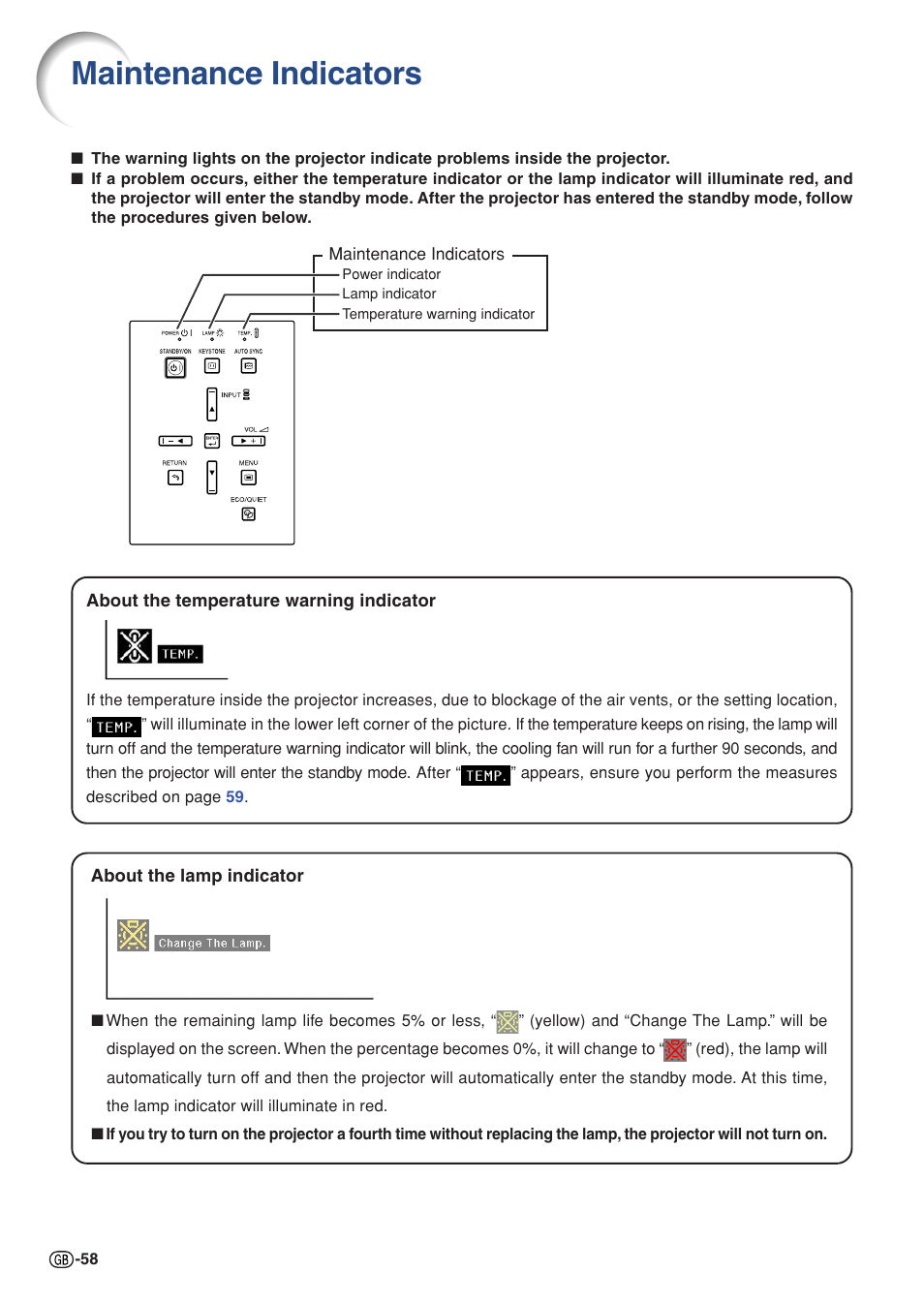 Maintenance indicators | Sharp XG-C330X User Manual | Page 60 / 71