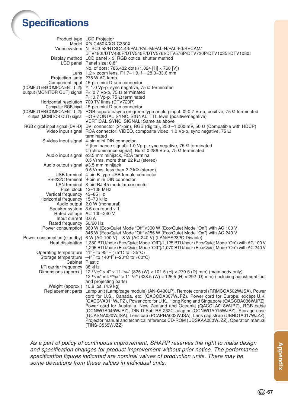 Specifications, Appendix | Sharp XG-C330X User Manual | Page 69 / 71