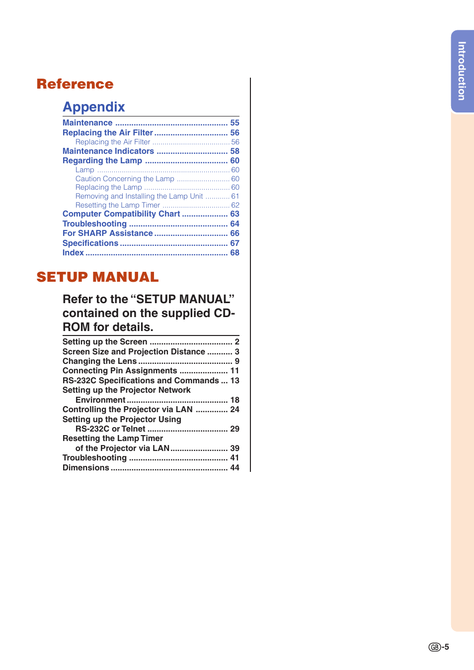 Reference appendix, Setup manual | Sharp XG-C330X User Manual | Page 7 / 71