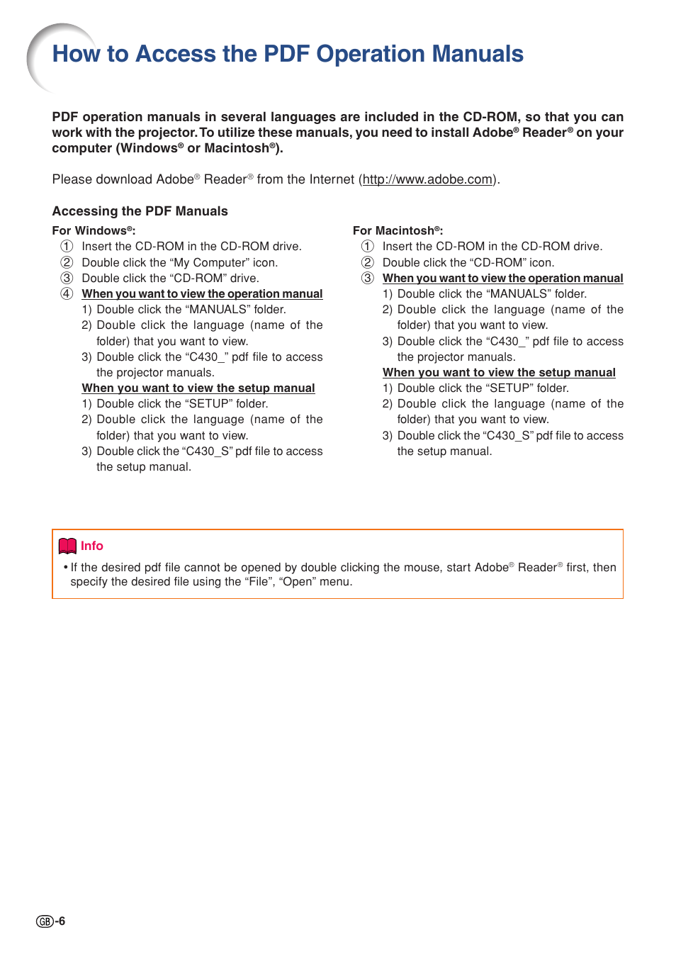 How to access the pdf operation manuals | Sharp XG-C330X User Manual | Page 8 / 71