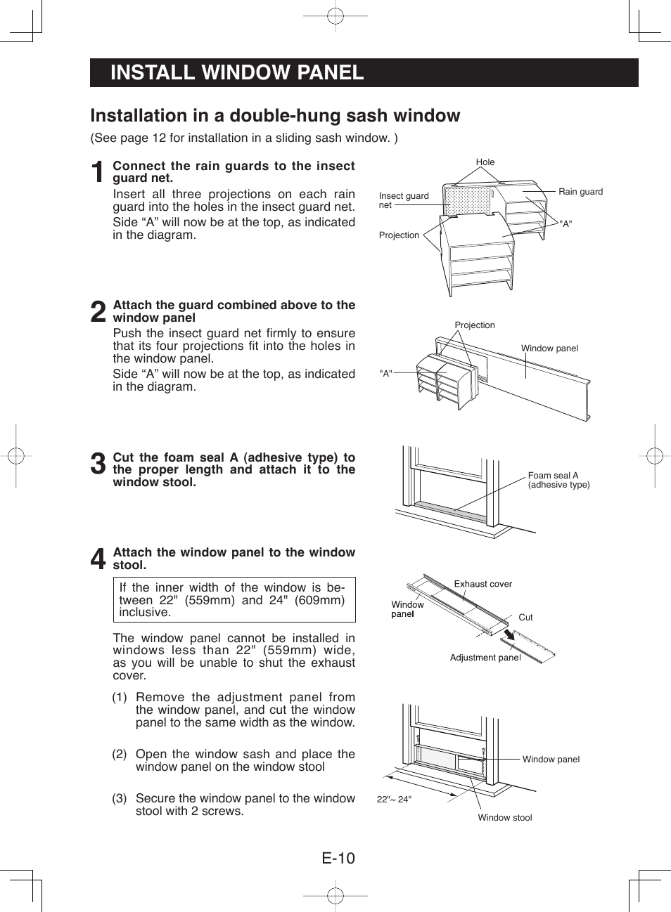 Install window panel, Installation in a double-hung sash window, E-10 | Sharp CV-13NH User Manual | Page 12 / 60