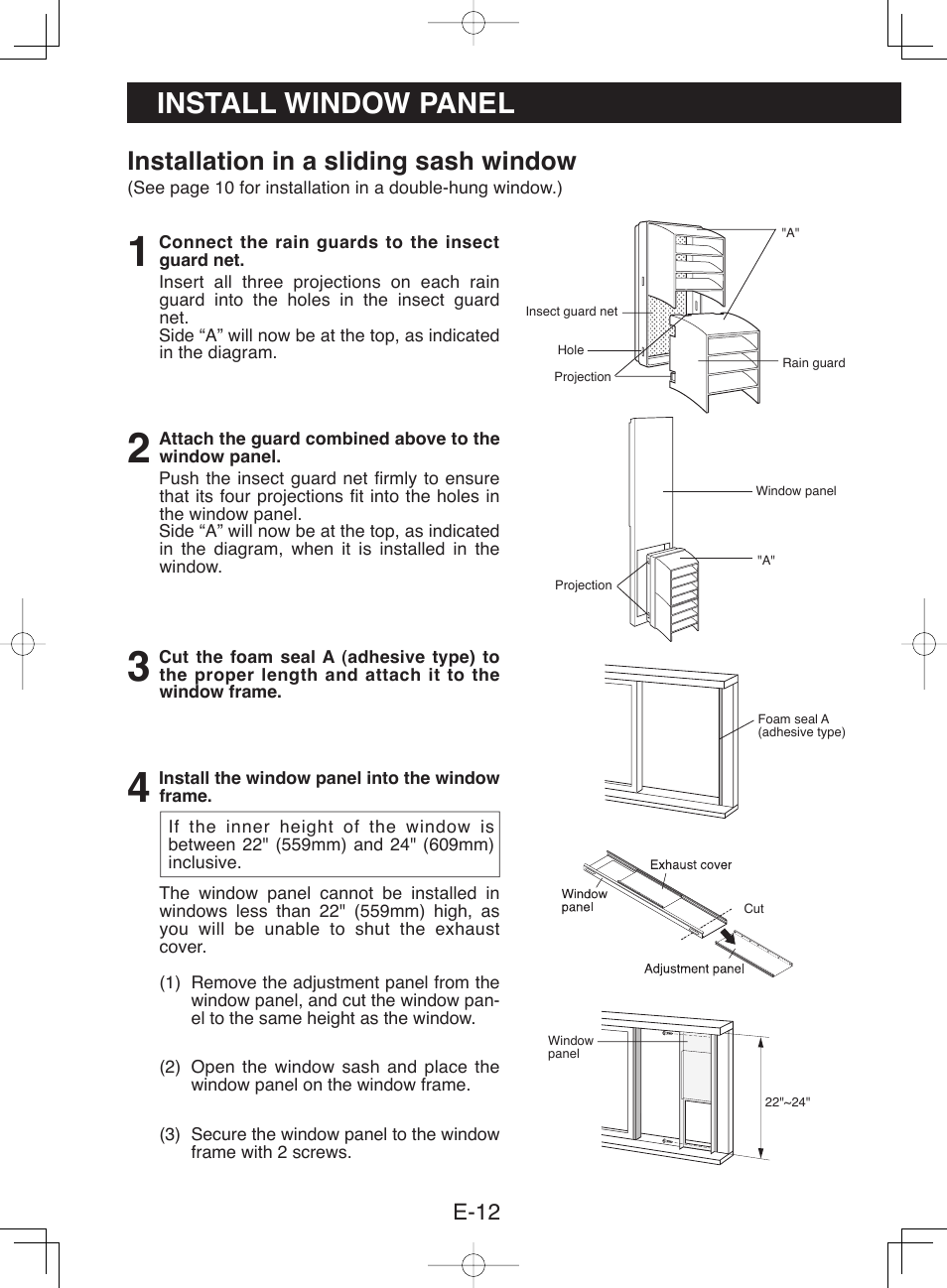 Install window panel, Installation in a sliding sash window, E-12 | Sharp CV-13NH User Manual | Page 14 / 60