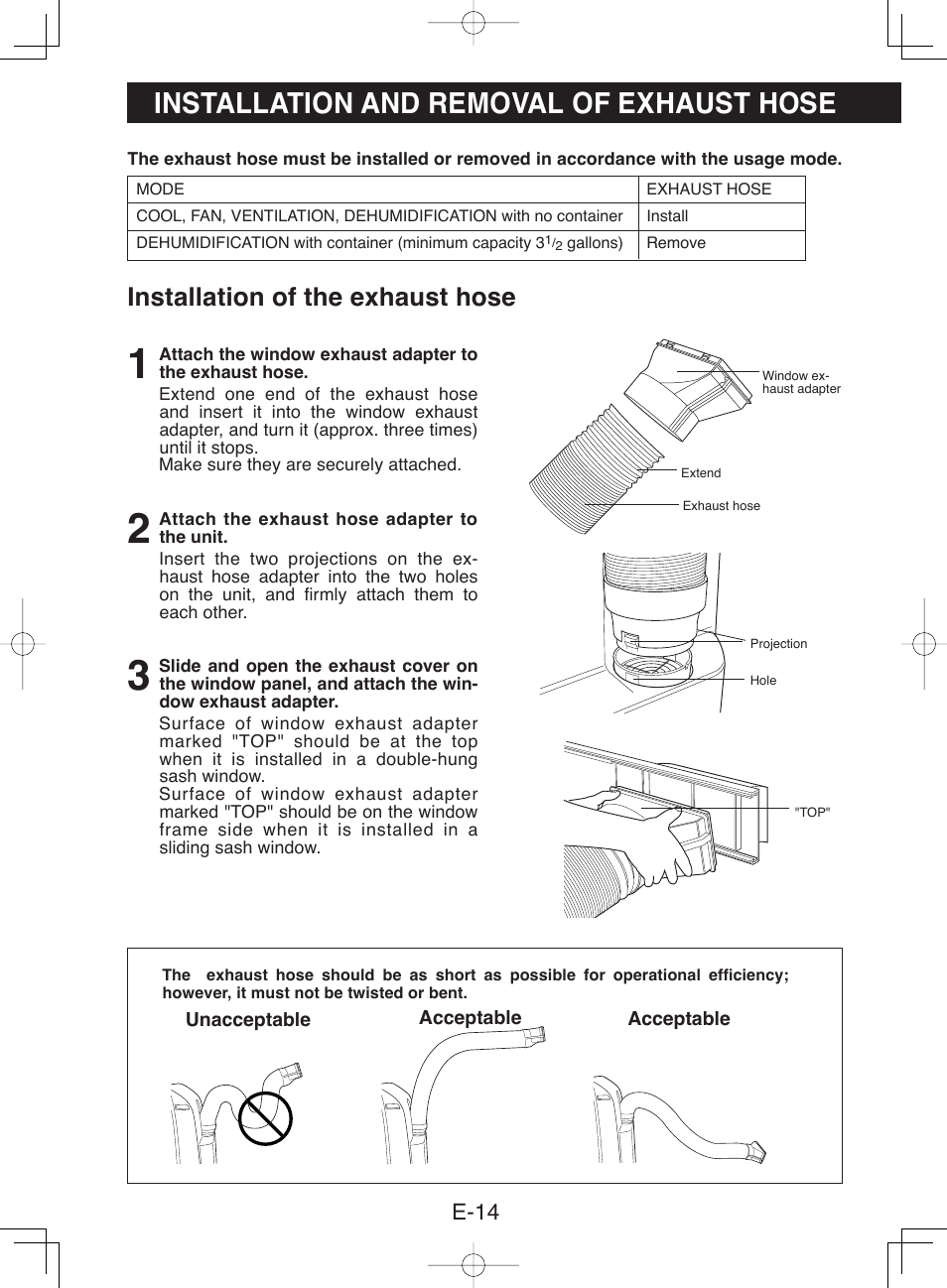 Installation and removal of exhaust hose, Installation of the exhaust hose, E-14 | Sharp CV-13NH User Manual | Page 16 / 60