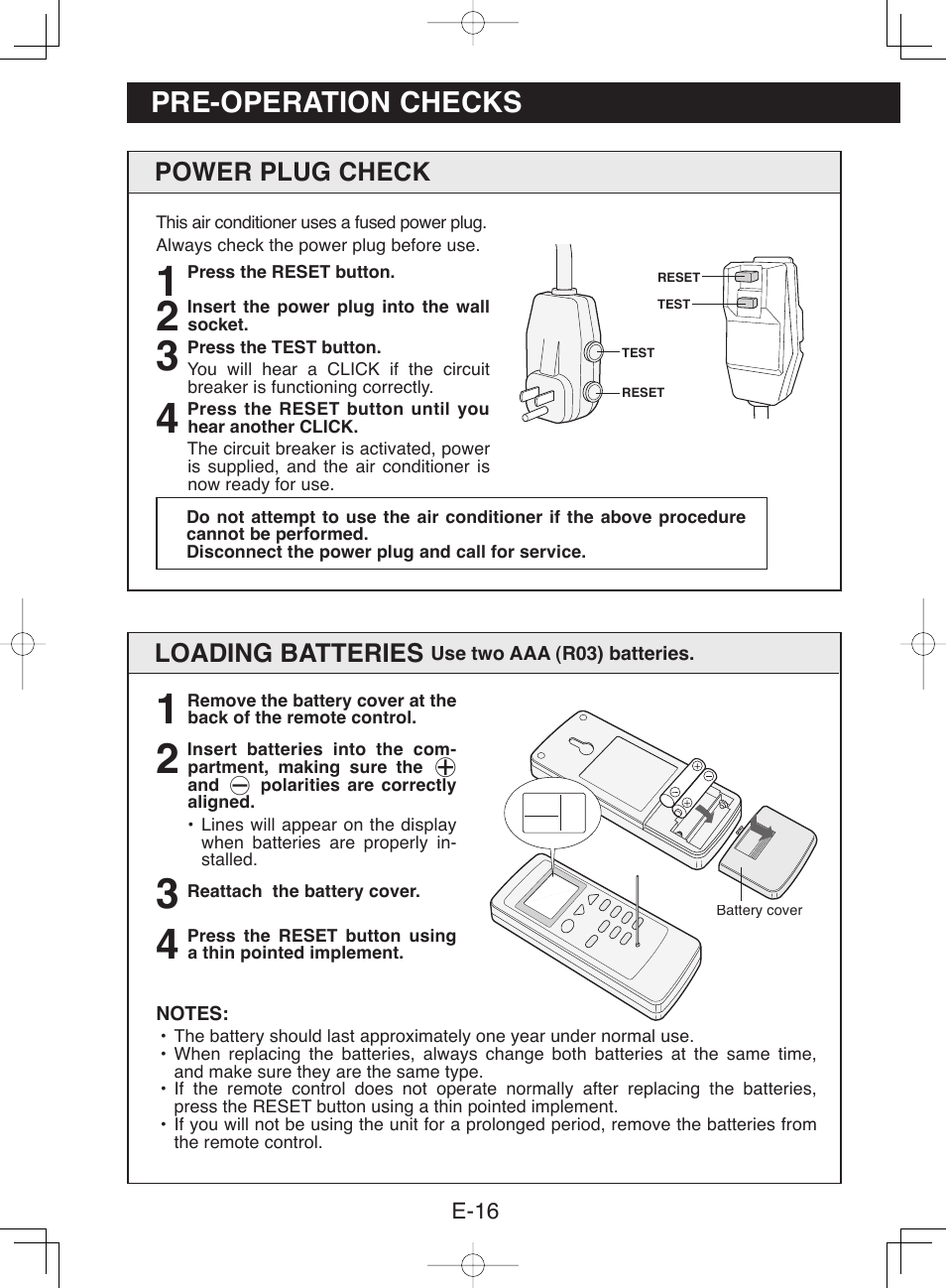 Pre-operation checks, Loading batteries, Power plug check | Sharp CV-13NH User Manual | Page 18 / 60