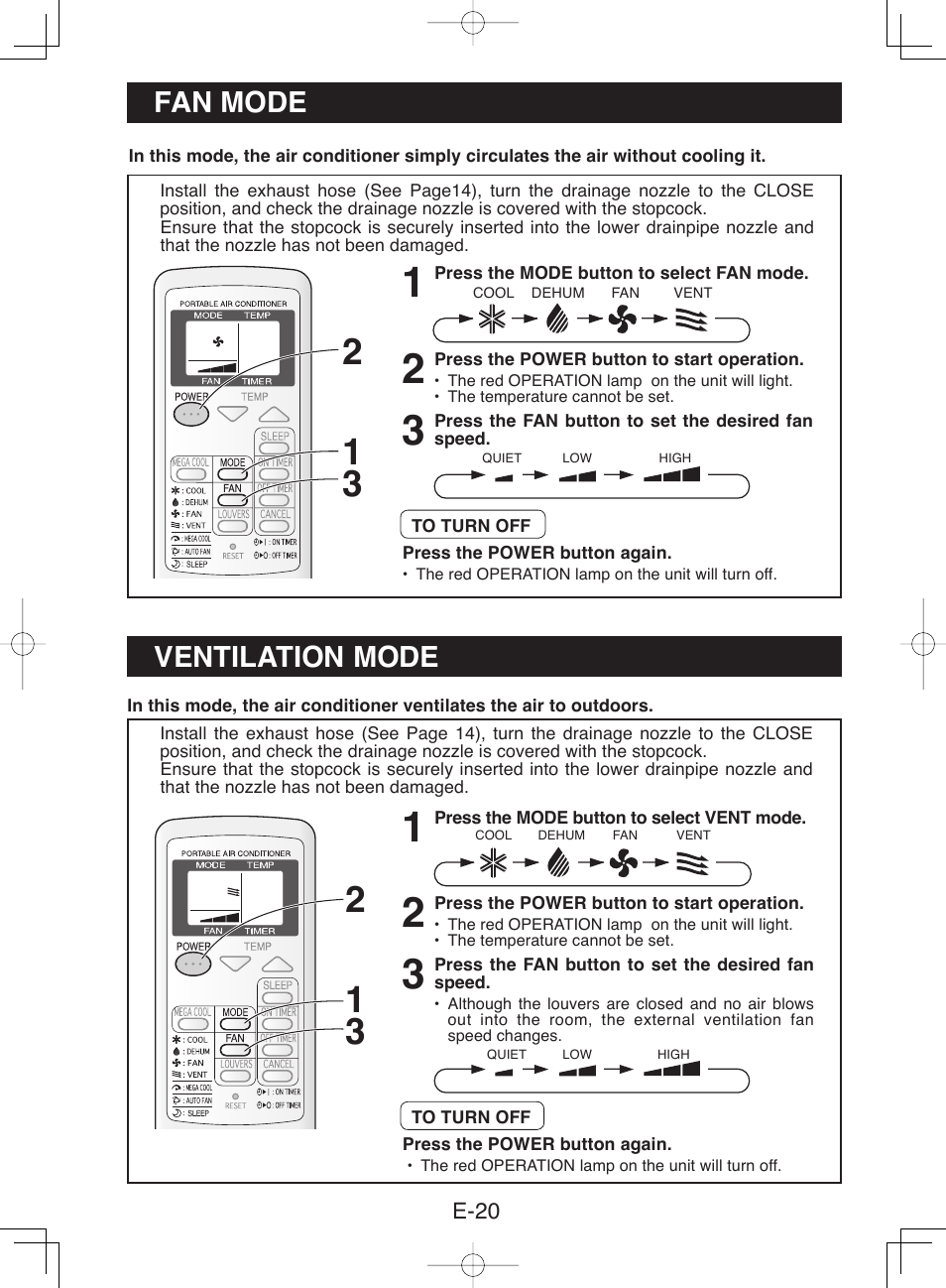 Fan mode ventilation mode | Sharp CV-13NH User Manual | Page 22 / 60