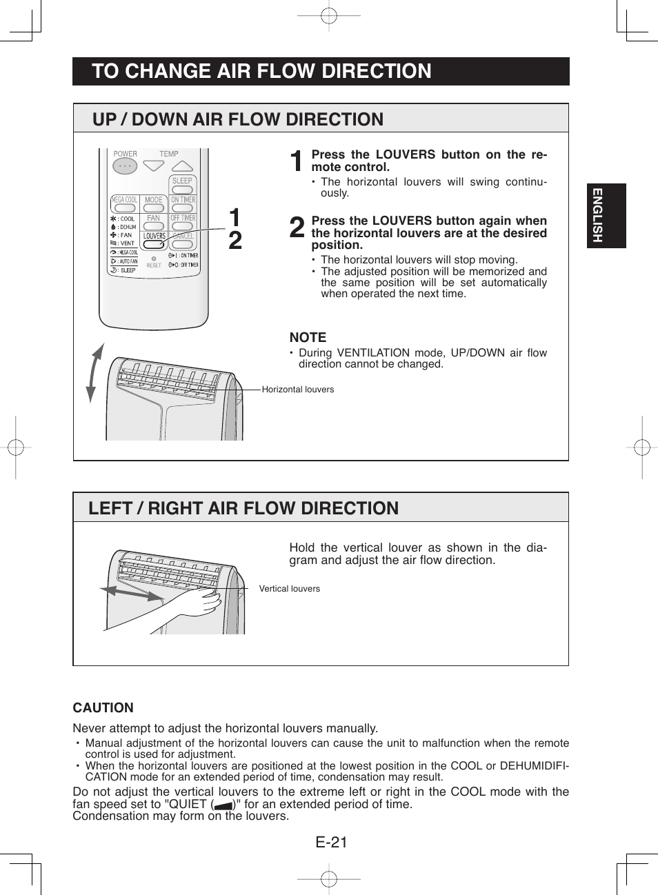 Up / down air flow direction, Left / right air flow direction | Sharp CV-13NH User Manual | Page 23 / 60