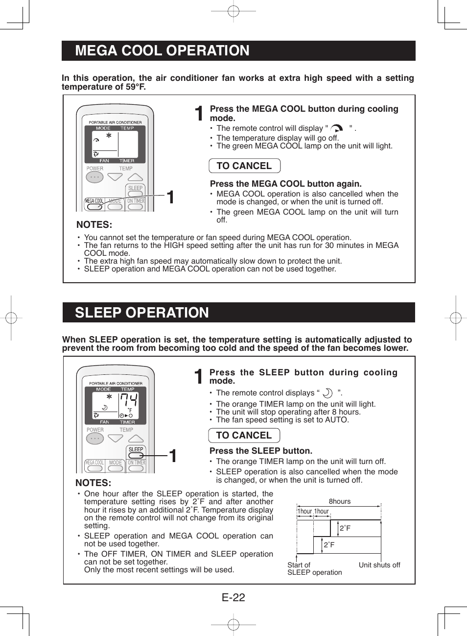 Mega cool operation, Sleep operation | Sharp CV-13NH User Manual | Page 24 / 60