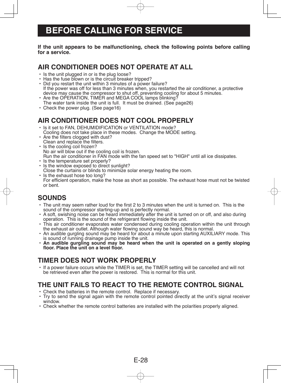 Before calling for service, Air conditioner does not operate at all, Air conditioner does not cool properly | Sounds, Timer does not work properly, E-28 | Sharp CV-13NH User Manual | Page 30 / 60