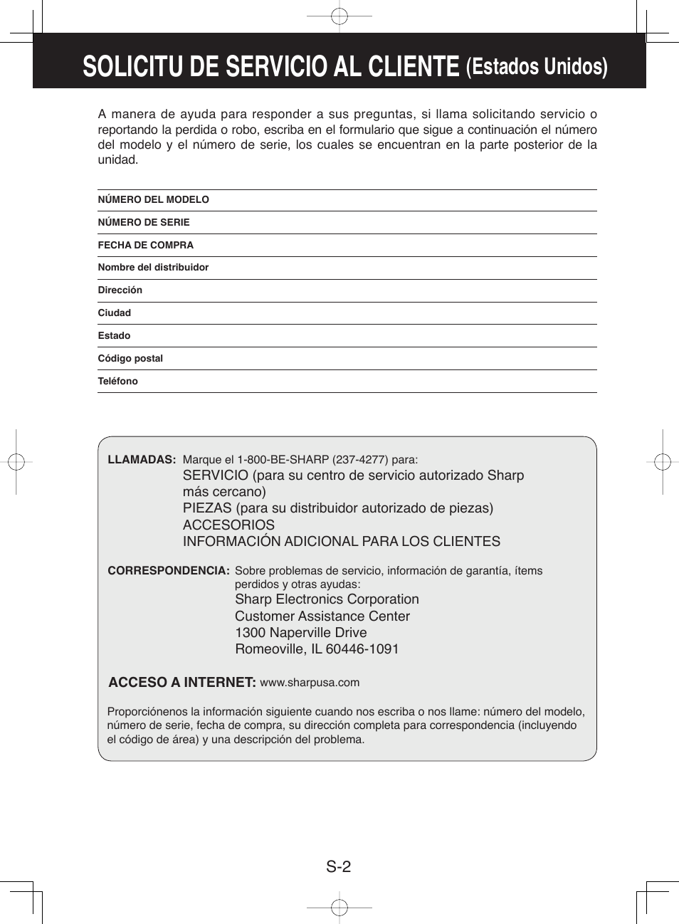 Solicitu de servicio al cliente, Estados unidos) | Sharp CV-13NH User Manual | Page 32 / 60