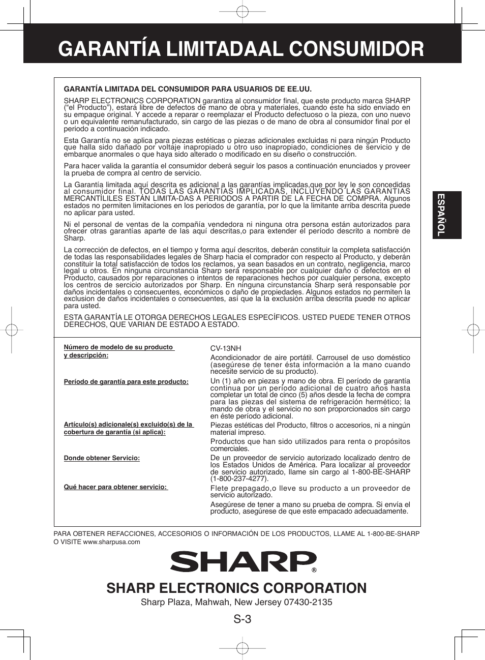 Garantía limitadaal consumidor, Sharp electronics corporation | Sharp CV-13NH User Manual | Page 33 / 60