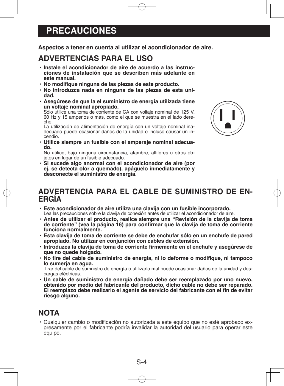 Precauciones, Advertencias para el uso, Nota | Sharp CV-13NH User Manual | Page 34 / 60