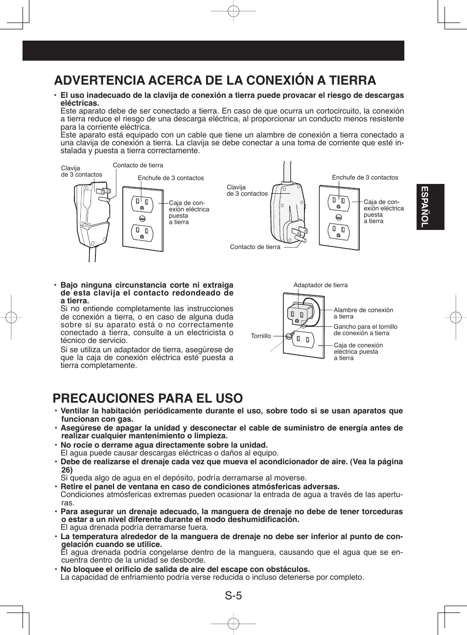 Advertencia acerca de la conexión a tierra, Precauciones para el uso | Sharp CV-13NH User Manual | Page 35 / 60