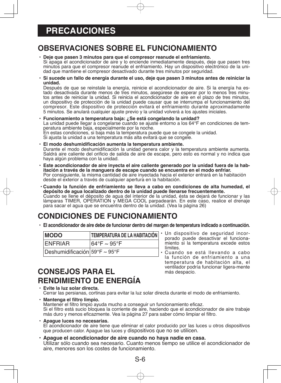 Precauciones, Observaciones sobre el funcionamiento, Condiciones de funcionamiento | Consejos para el rendimiento de energía | Sharp CV-13NH User Manual | Page 36 / 60