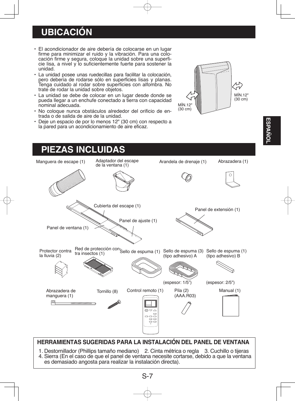 Ubicación, Piezas incluidas | Sharp CV-13NH User Manual | Page 37 / 60