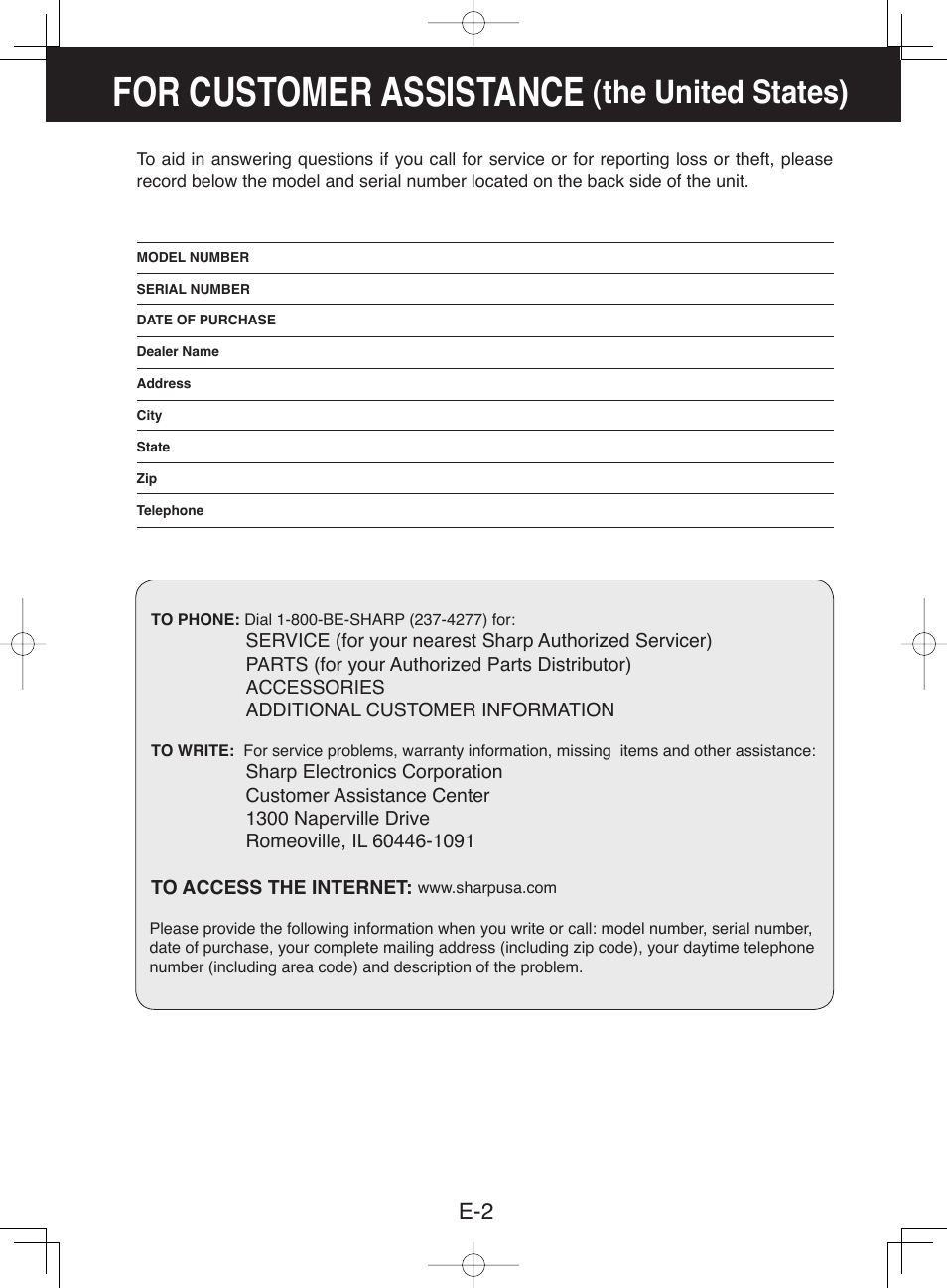 For customer assistance, The united states) | Sharp CV-13NH User Manual | Page 4 / 60