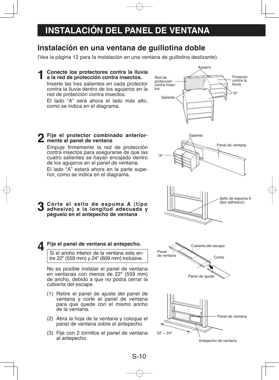 Instalación del panel de ventana, Instalación en una ventana de guillotina doble, S-10 | Sharp CV-13NH User Manual | Page 40 / 60