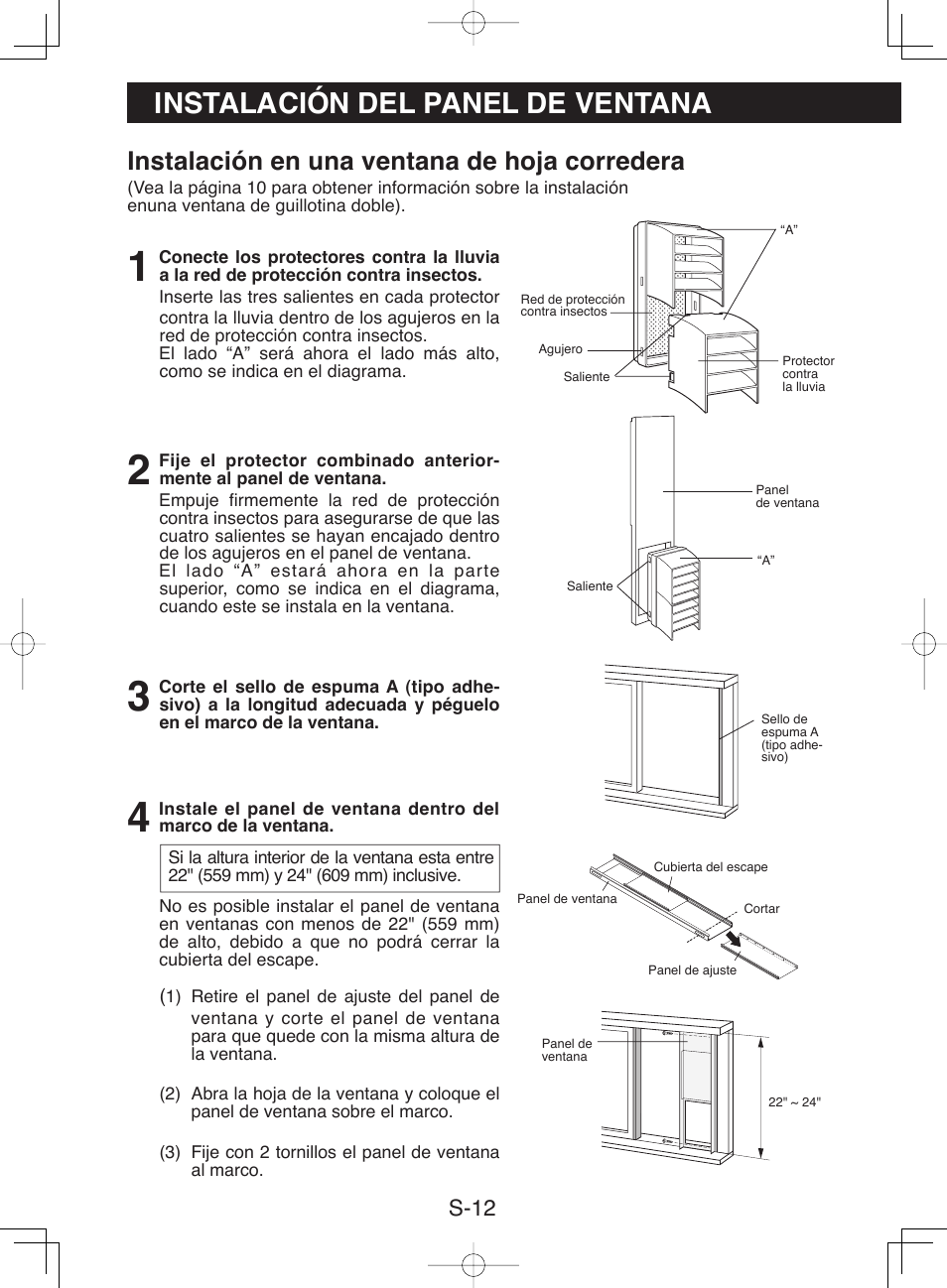 Instalación del panel de ventana, Instalación en una ventana de hoja corredera, S-12 | Sharp CV-13NH User Manual | Page 42 / 60