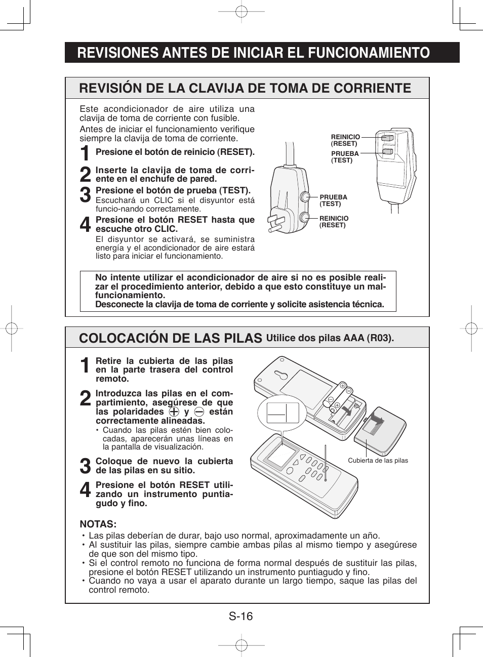 Revisiones antes de iniciar el funcionamiento, Colocación de las pilas, Revisión de la clavija de toma de corriente | Sharp CV-13NH User Manual | Page 46 / 60