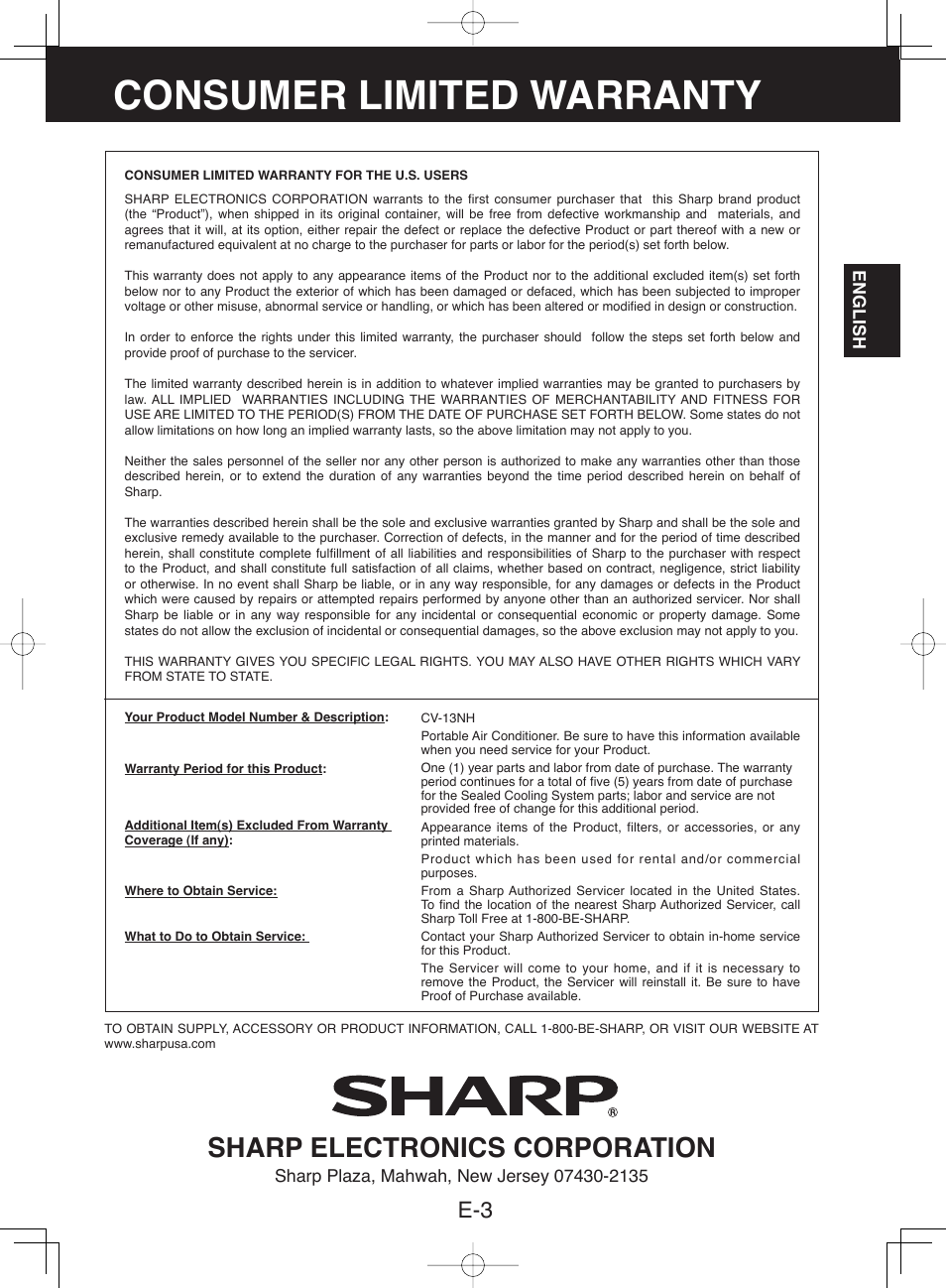 Consumer limited warranty, Sharp electronics corporation | Sharp CV-13NH User Manual | Page 5 / 60