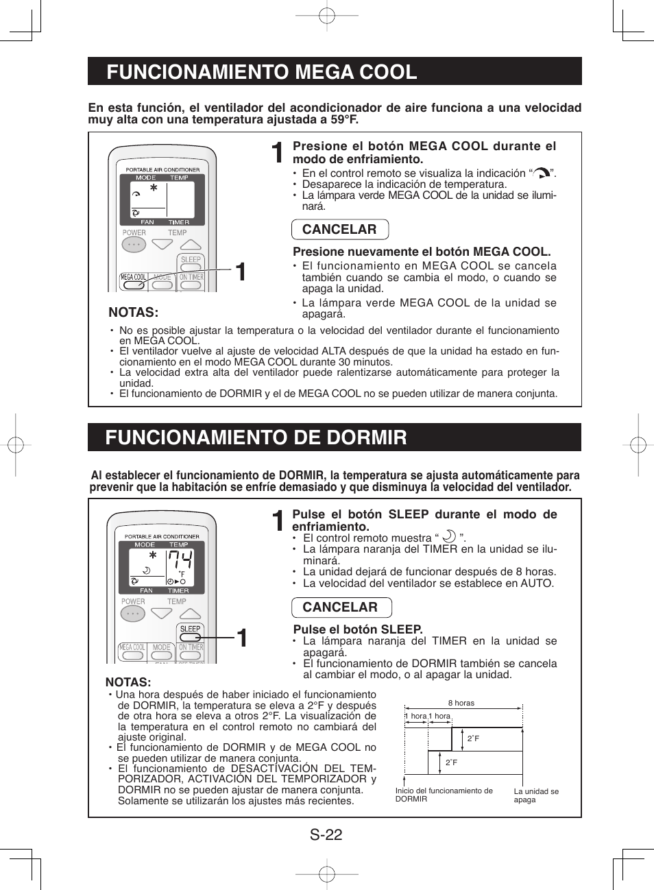 Funcionamiento mega cool, Funcionamiento de dormir, S-22 | Sharp CV-13NH User Manual | Page 52 / 60