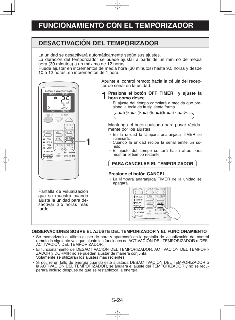 Funcionamiento con el temporizador, Desactivación del temporizador, S-24 | Sharp CV-13NH User Manual | Page 54 / 60