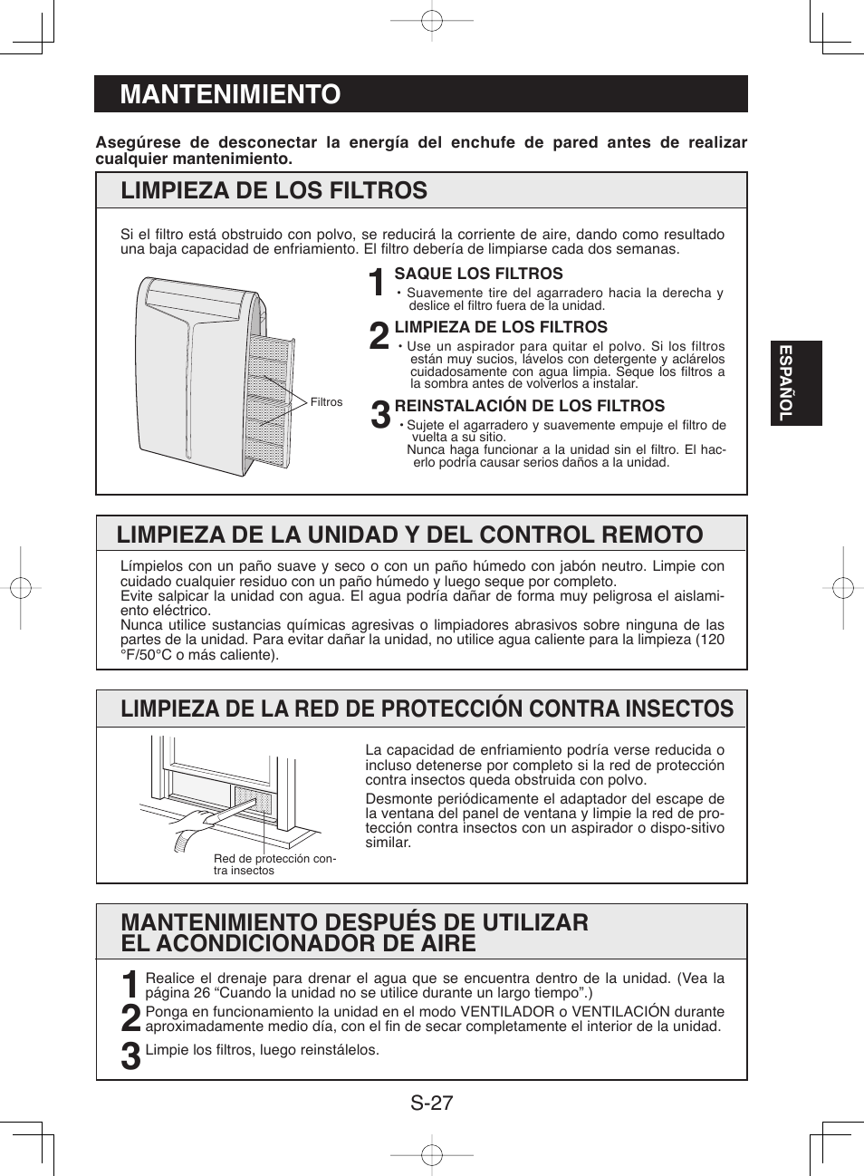 Mantenimiento, Limpieza de la unidad y del control remoto, Limpieza de la red de protección contra insectos | Limpieza de los filtros | Sharp CV-13NH User Manual | Page 57 / 60