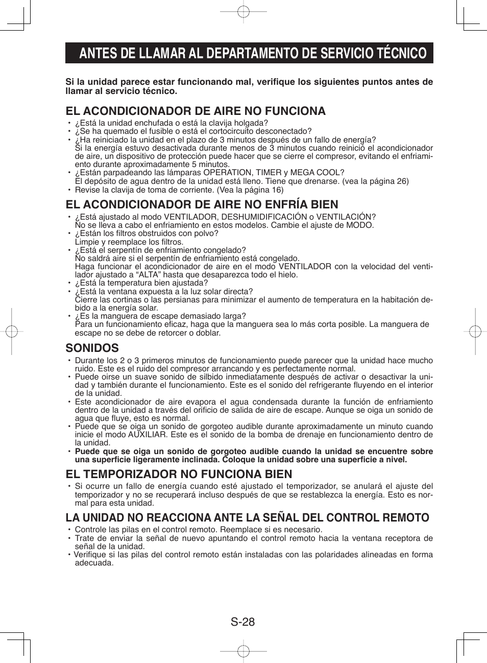 S-28, El acondicionador de aire no funciona, El acondicionador de aire no enfría bien | Sonidos, El temporizador no funciona bien | Sharp CV-13NH User Manual | Page 58 / 60