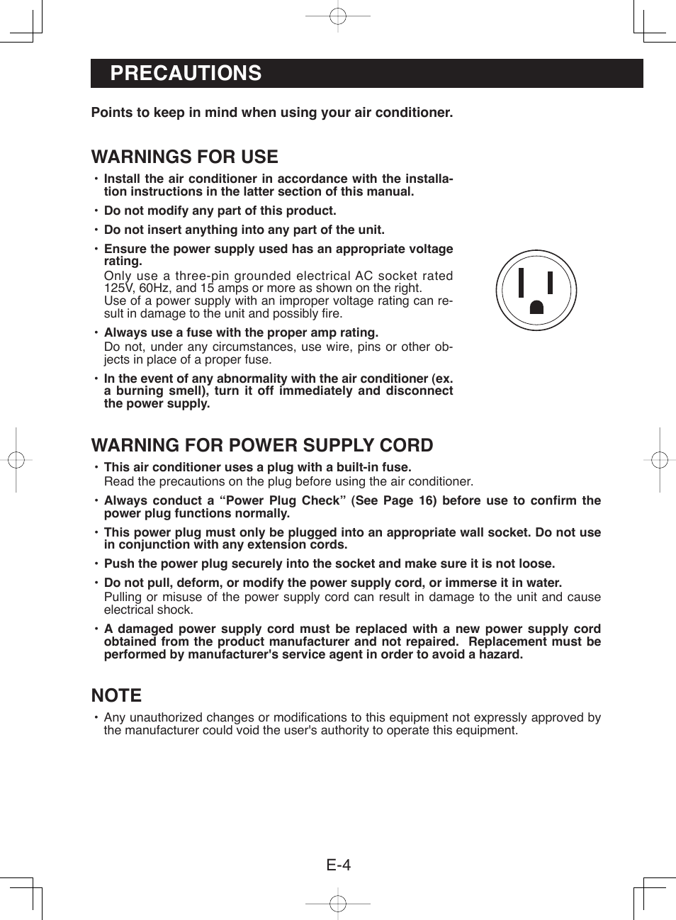 Precautions, Warnings for use, Warning for power supply cord | Sharp CV-13NH User Manual | Page 6 / 60