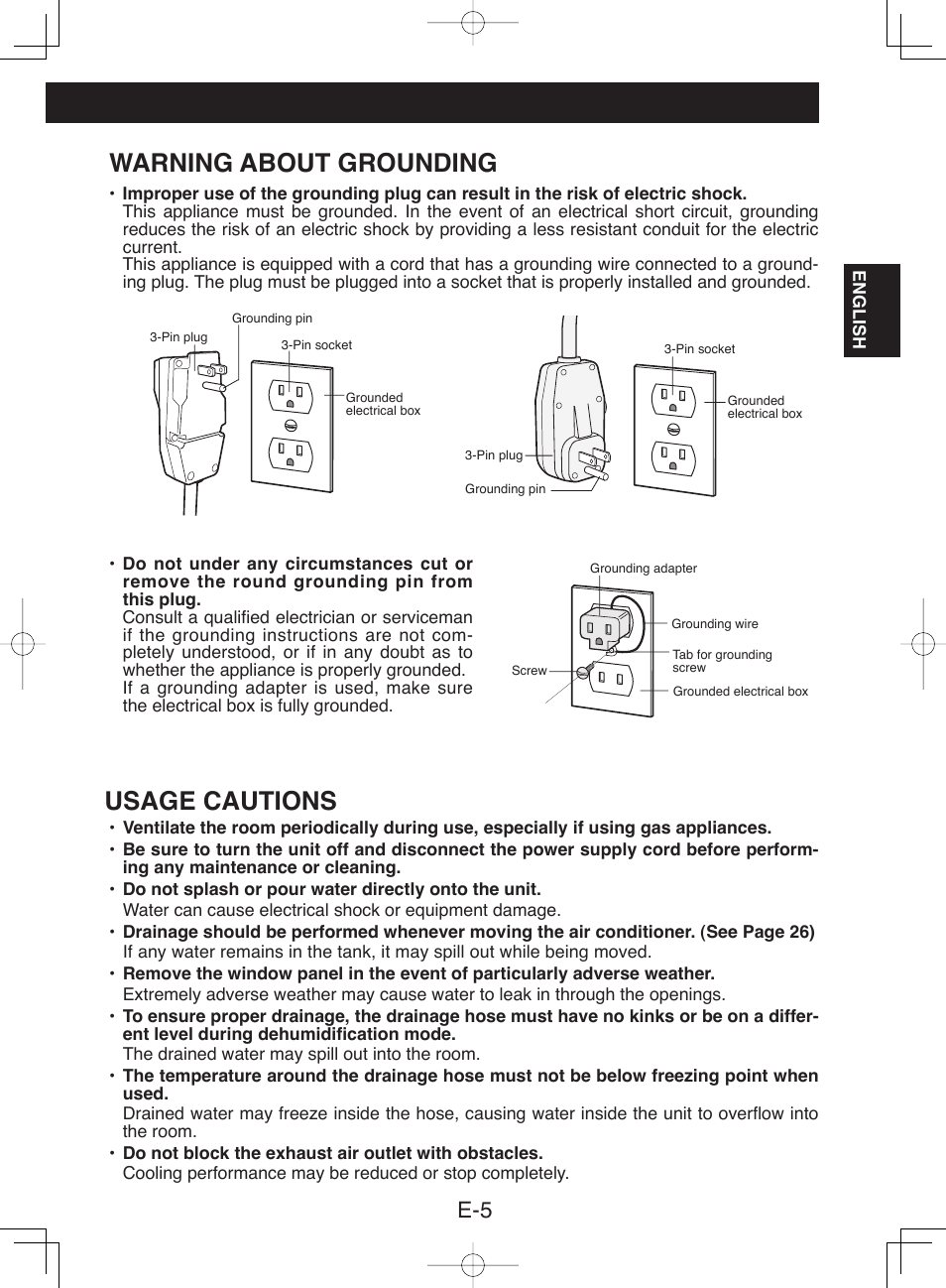 Warning about grounding, Usage cautions | Sharp CV-13NH User Manual | Page 7 / 60