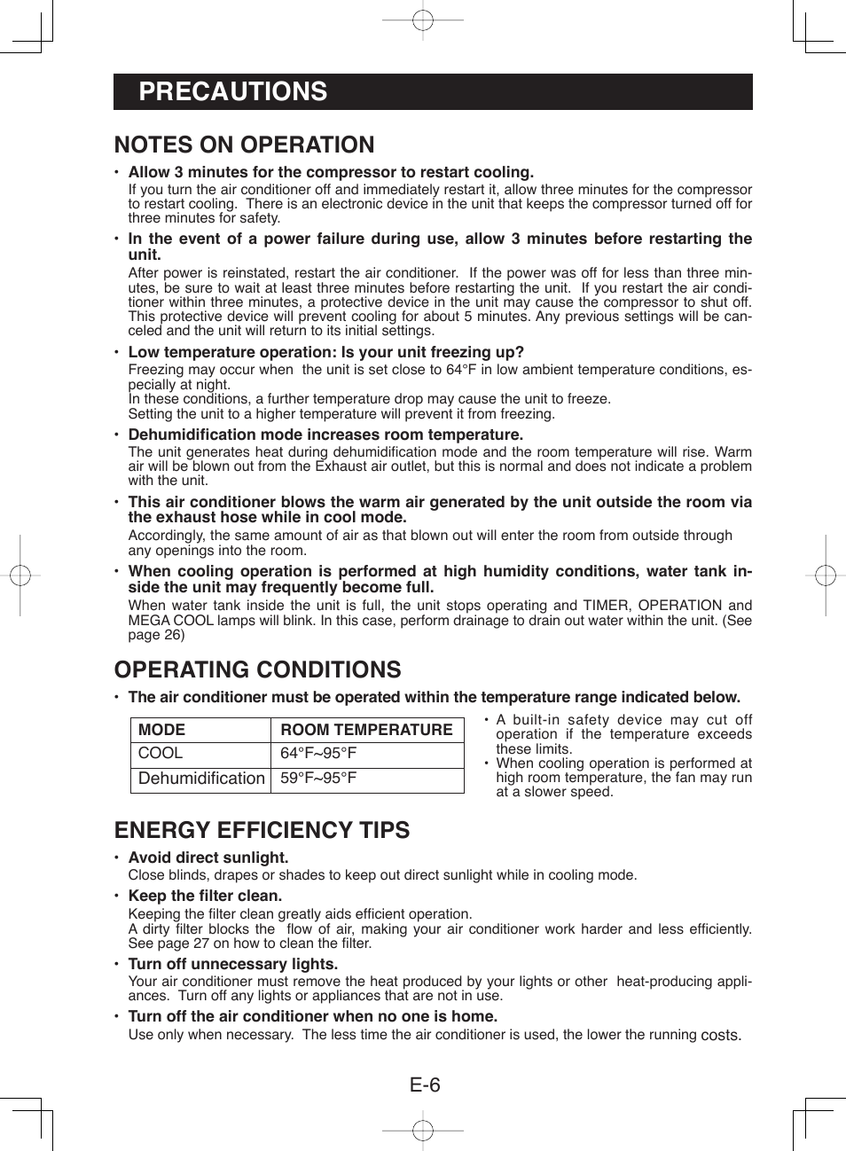 Precautions, Operating conditions, Energy efficiency tips | Sharp CV-13NH User Manual | Page 8 / 60