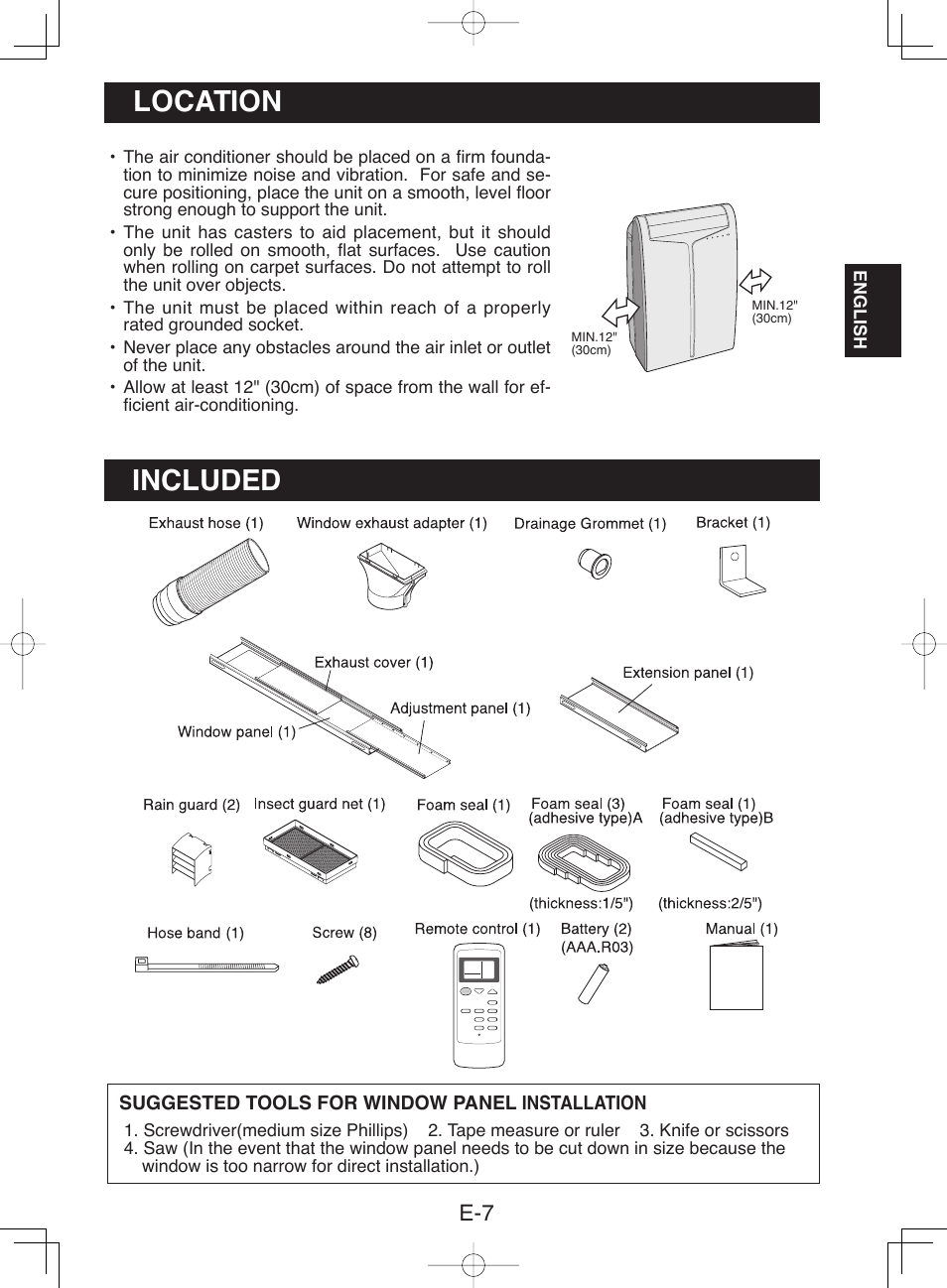 Location, Included | Sharp CV-13NH User Manual | Page 9 / 60