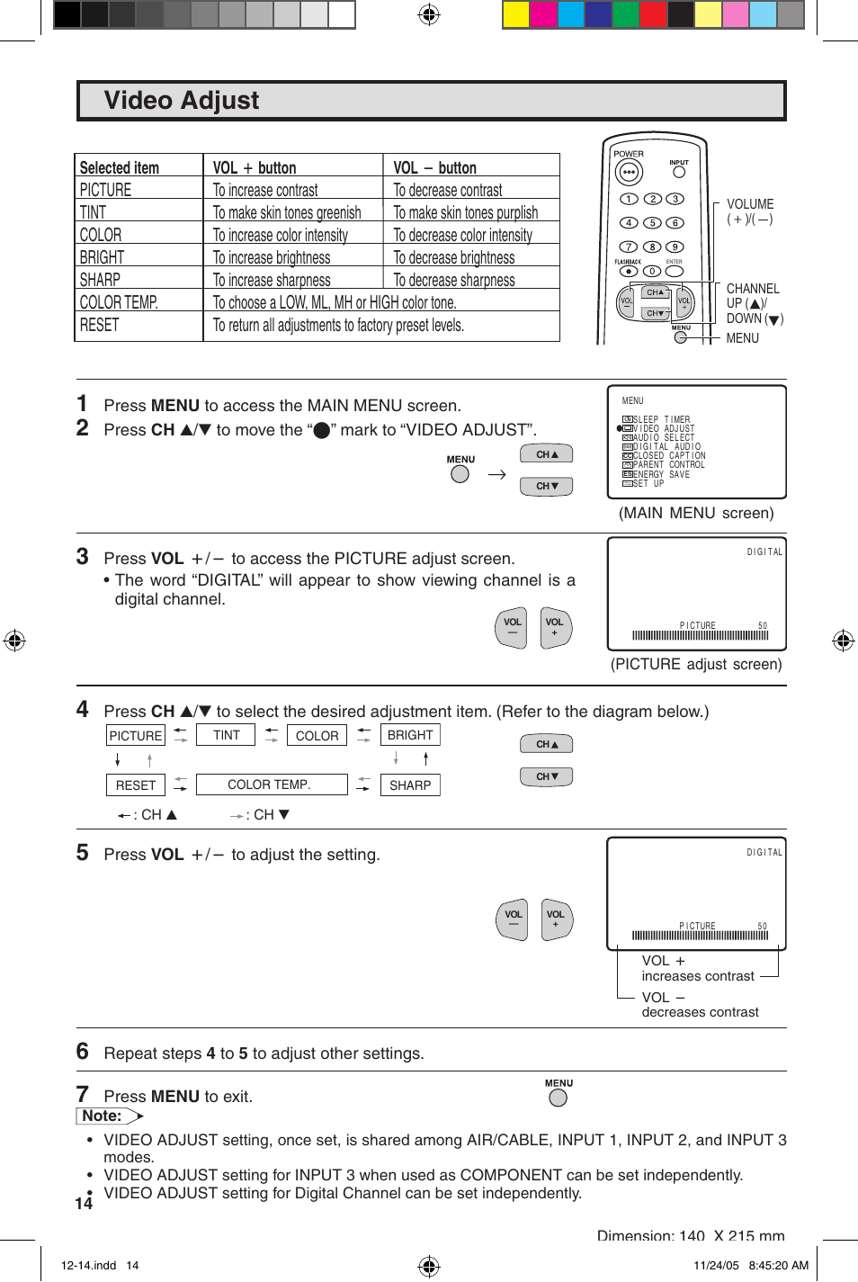 Video adjust | Sharp 32SC260 User Manual | Page 14 / 54