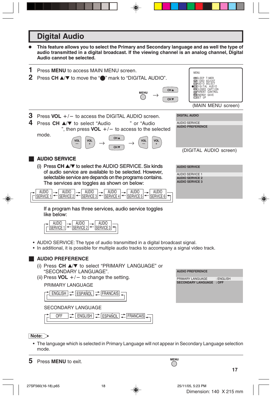 Digital audio | Sharp 32SC260 User Manual | Page 17 / 54