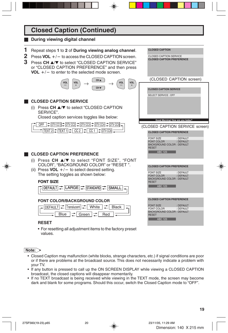 Closed caption (continued), During viewing digital channel | Sharp 32SC260 User Manual | Page 19 / 54