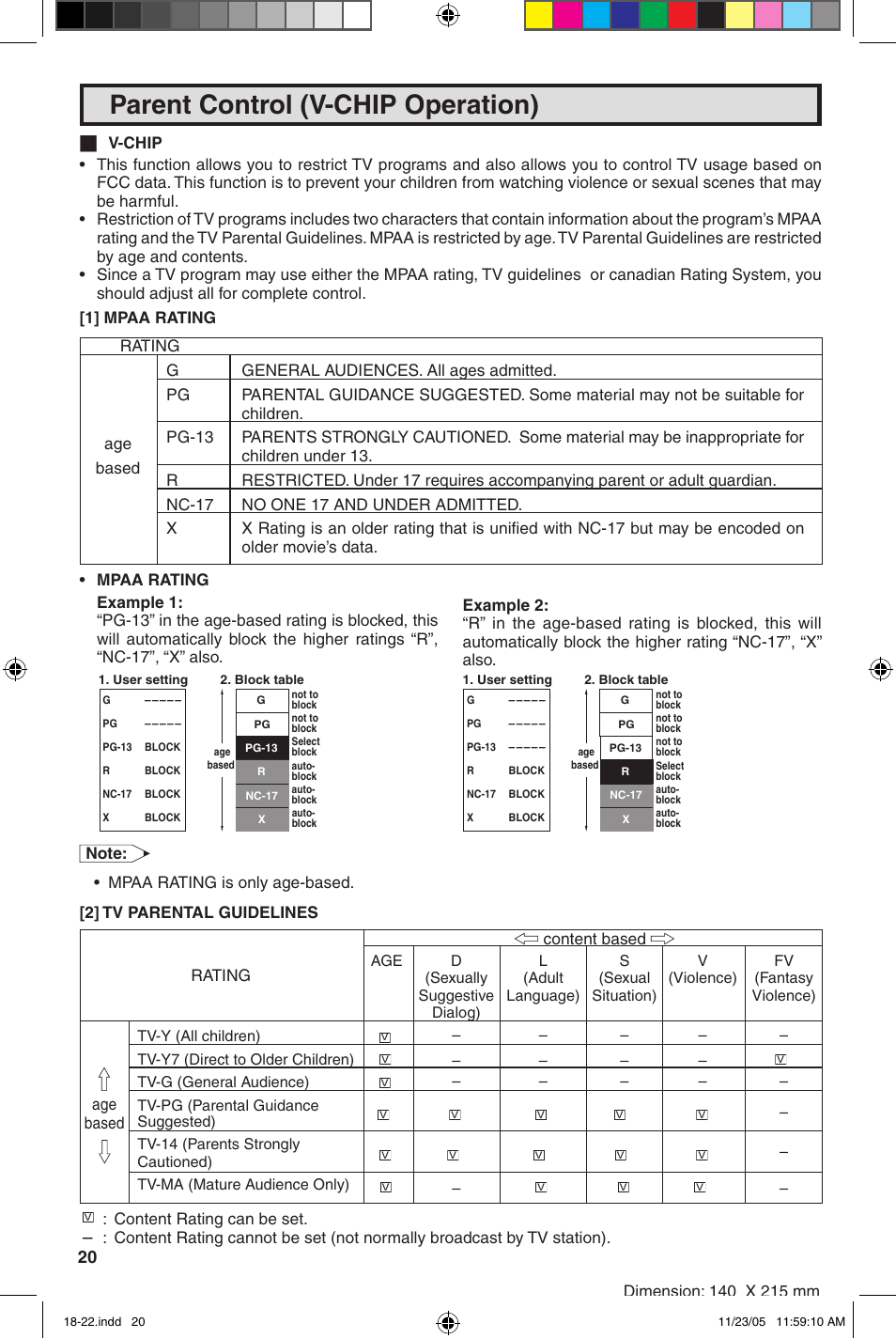 Parent control (v-chip operation) | Sharp 32SC260 User Manual | Page 20 / 54