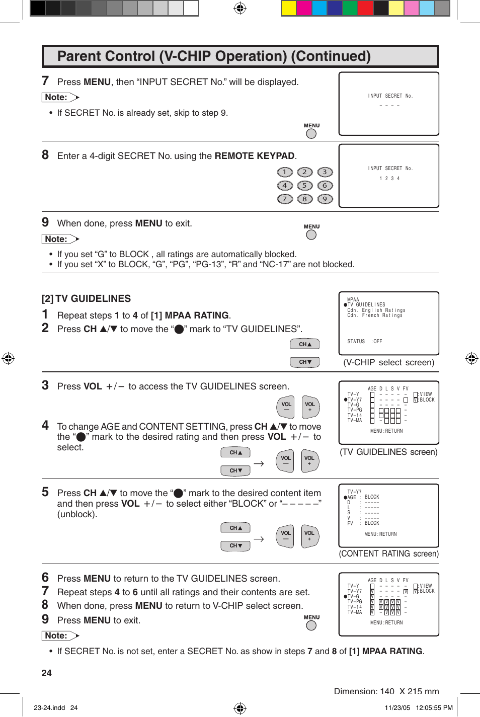 Parent control (v-chip operation) (continued), 2] tv guidelines, Enter a 4-digit secret no. using the remote keypad | When done, press menu to exit, Repeat steps 1 to 4 of [1] mpaa rating, Press vol k/l to access the tv guidelines screen, Press menu to return to the tv guidelines screen, Press menu to exit | Sharp 32SC260 User Manual | Page 24 / 54