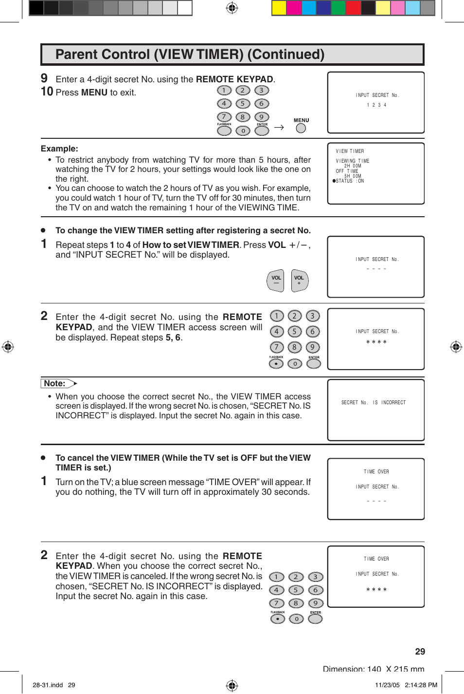 Parent control (view timer) (continued) | Sharp 32SC260 User Manual | Page 29 / 54