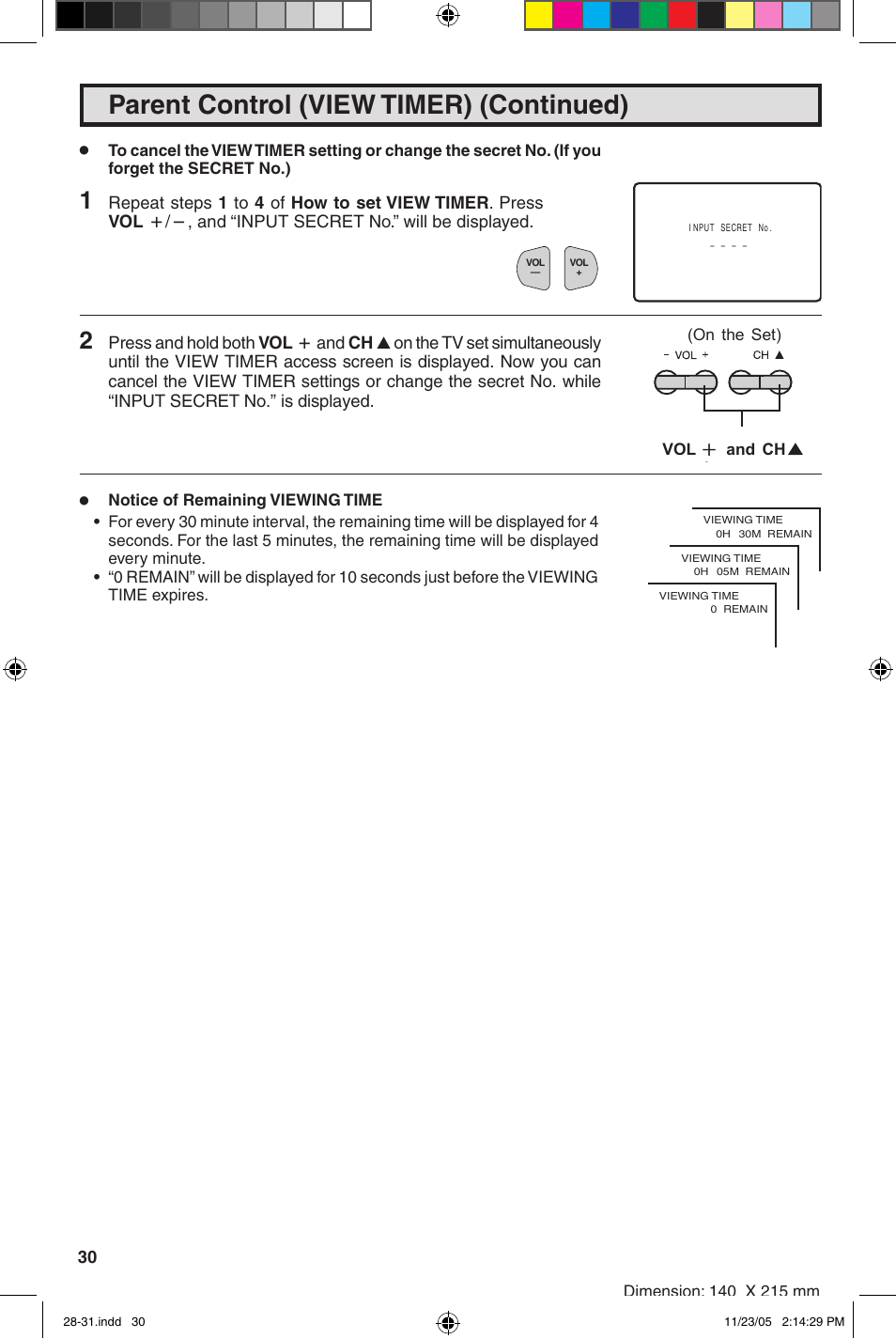 Parent control (view timer) (continued) | Sharp 32SC260 User Manual | Page 30 / 54