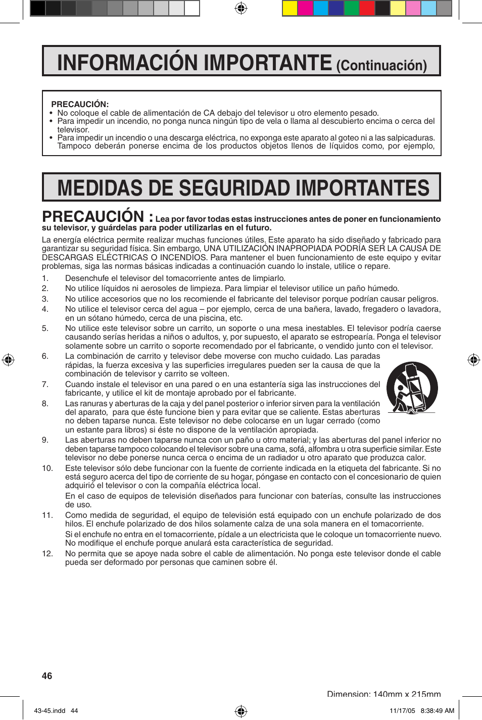 Información importante, Medidas de seguridad importantes, Precaución | Continuación) | Sharp 32SC260 User Manual | Page 46 / 54