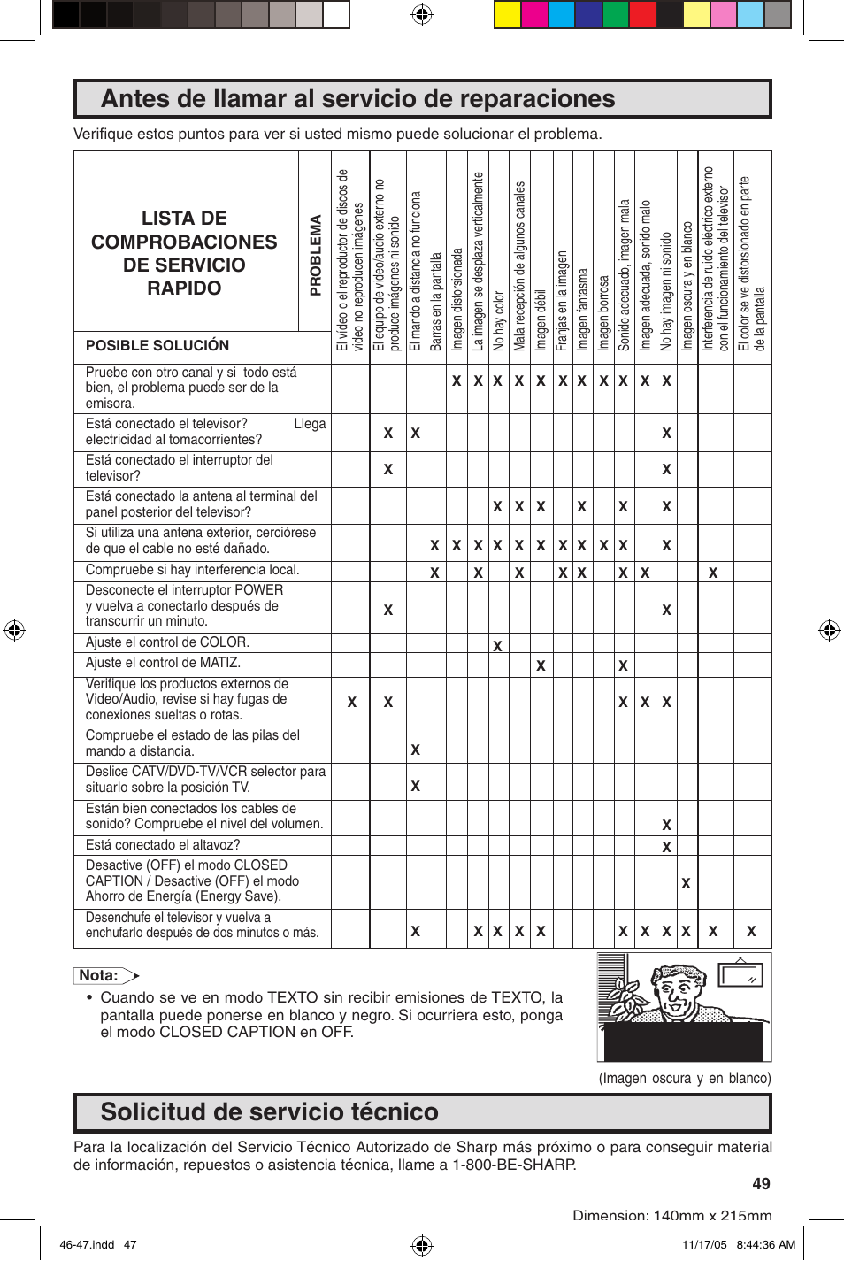 Antes de llamar al servicio de reparaciones, Solicitud de servicio técnico, Lista de comprobaciones de servicio rapido | Sharp 32SC260 User Manual | Page 49 / 54