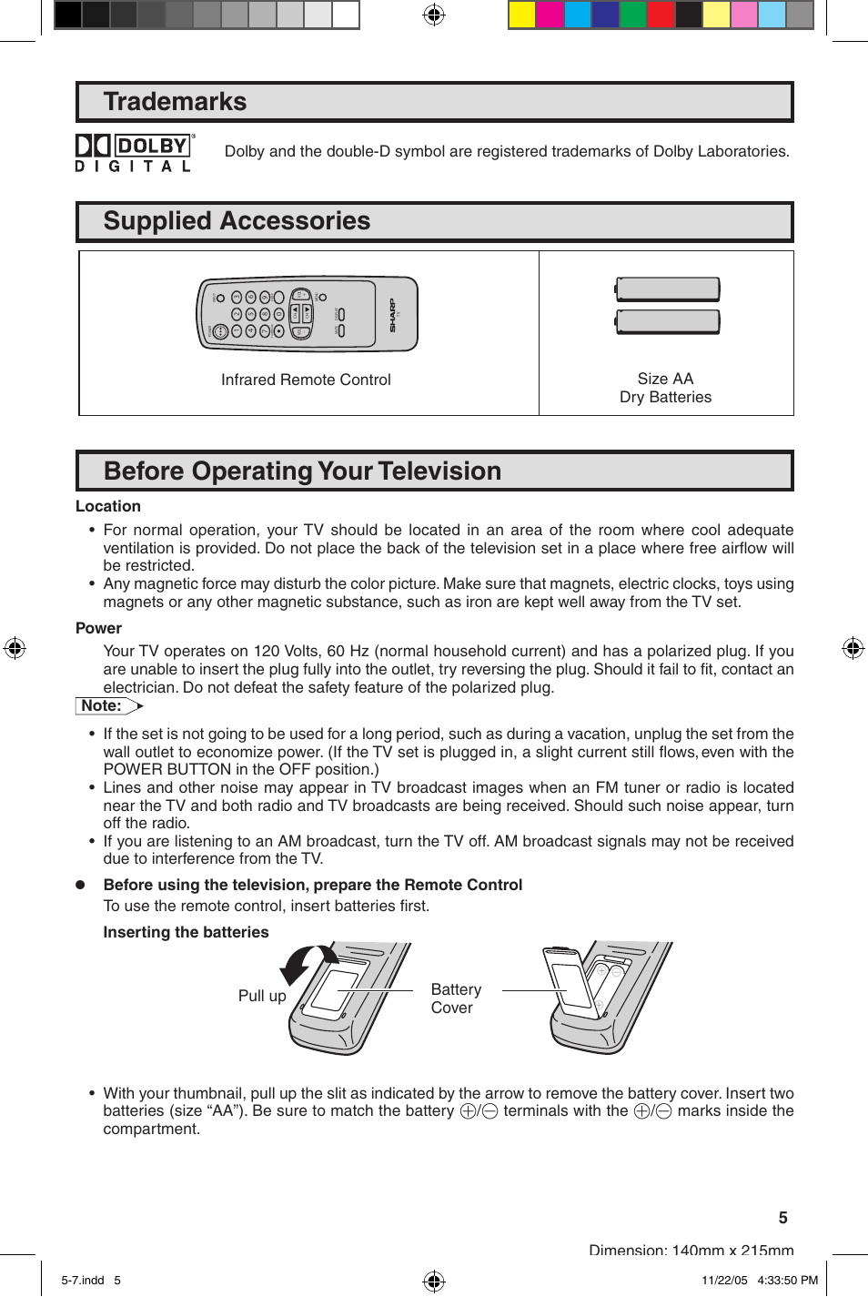 Supplied accessories, Before operating your television, Trademarks | Battery cover pull up | Sharp 32SC260 User Manual | Page 5 / 54