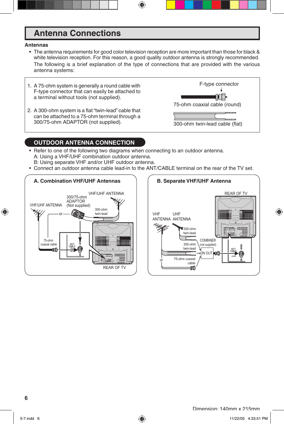 Antenna connections, Outdoor antenna connection | Sharp 32SC260 User Manual | Page 6 / 54