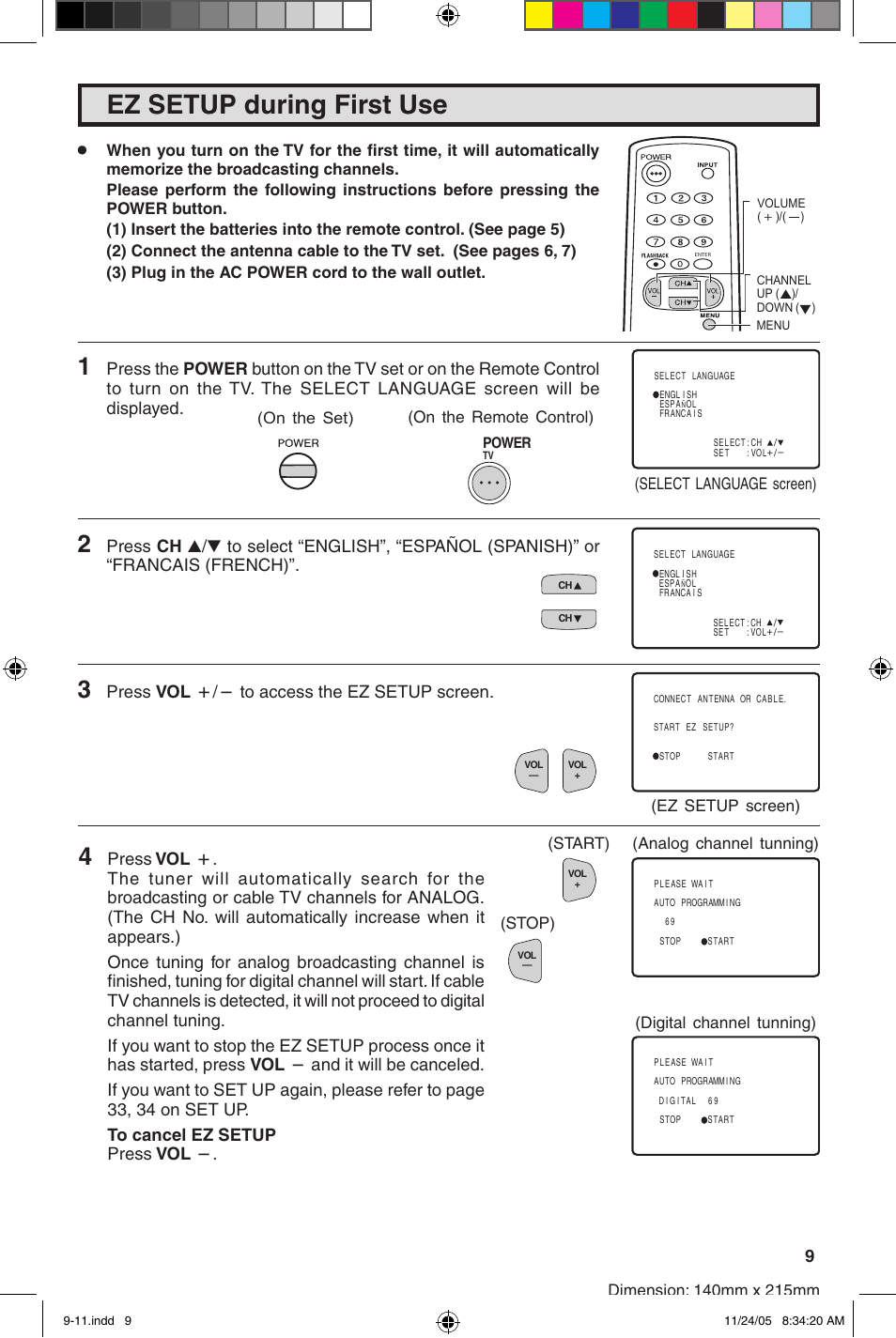 Ez setup during first use, Press vol k/l to access the ez setup screen, Ez setup screen) | Analog channel tunning) (digital channel tunning) | Sharp 32SC260 User Manual | Page 9 / 54